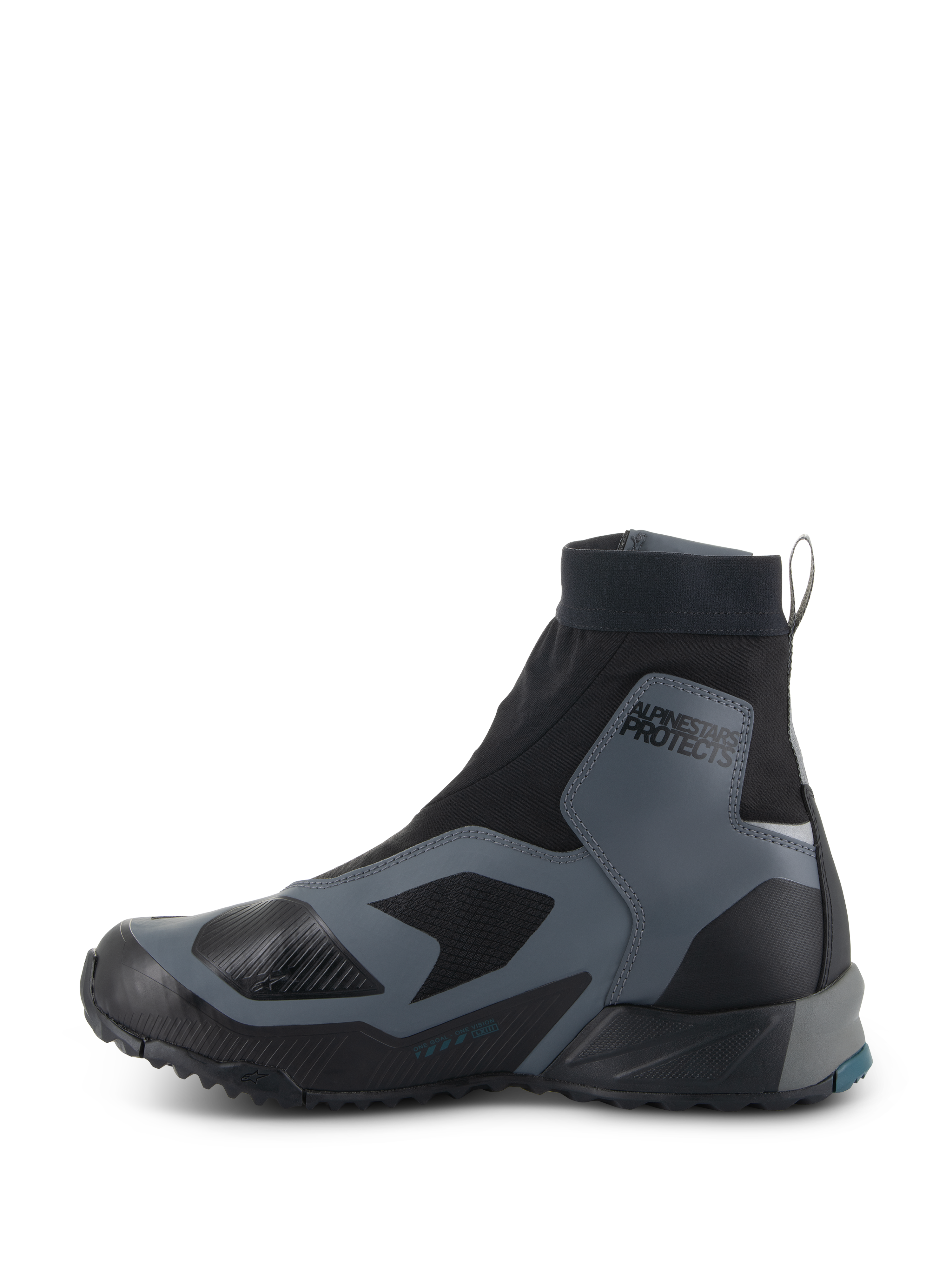 Alpinestars CR-8 GORE-TEX Shoes, Motorcycle Riding Shoes, Black and Dark Gray, side profile showing high-cut stretch bootie, protective overlays, 'ALPINESTARS PROTECTS' branding on the ankle, and a durable rubber sole, waterproof and breathable for adventure touring.