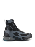 Alpinestars CR-8 GORE-TEX Shoes, Black and Dark Gray motorcycle boots, waterproof high-top design with angled zipper, breathable textile panels, TPF protection frame, rugged sole with petrol blue heel accent