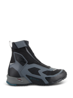Alpinestars CR-8 GORE-TEX Shoes, Black and Dark Gray motorcycle boots, waterproof high-top design with angled zipper, breathable textile panels, TPF protection frame, rugged sole with petrol blue heel accent