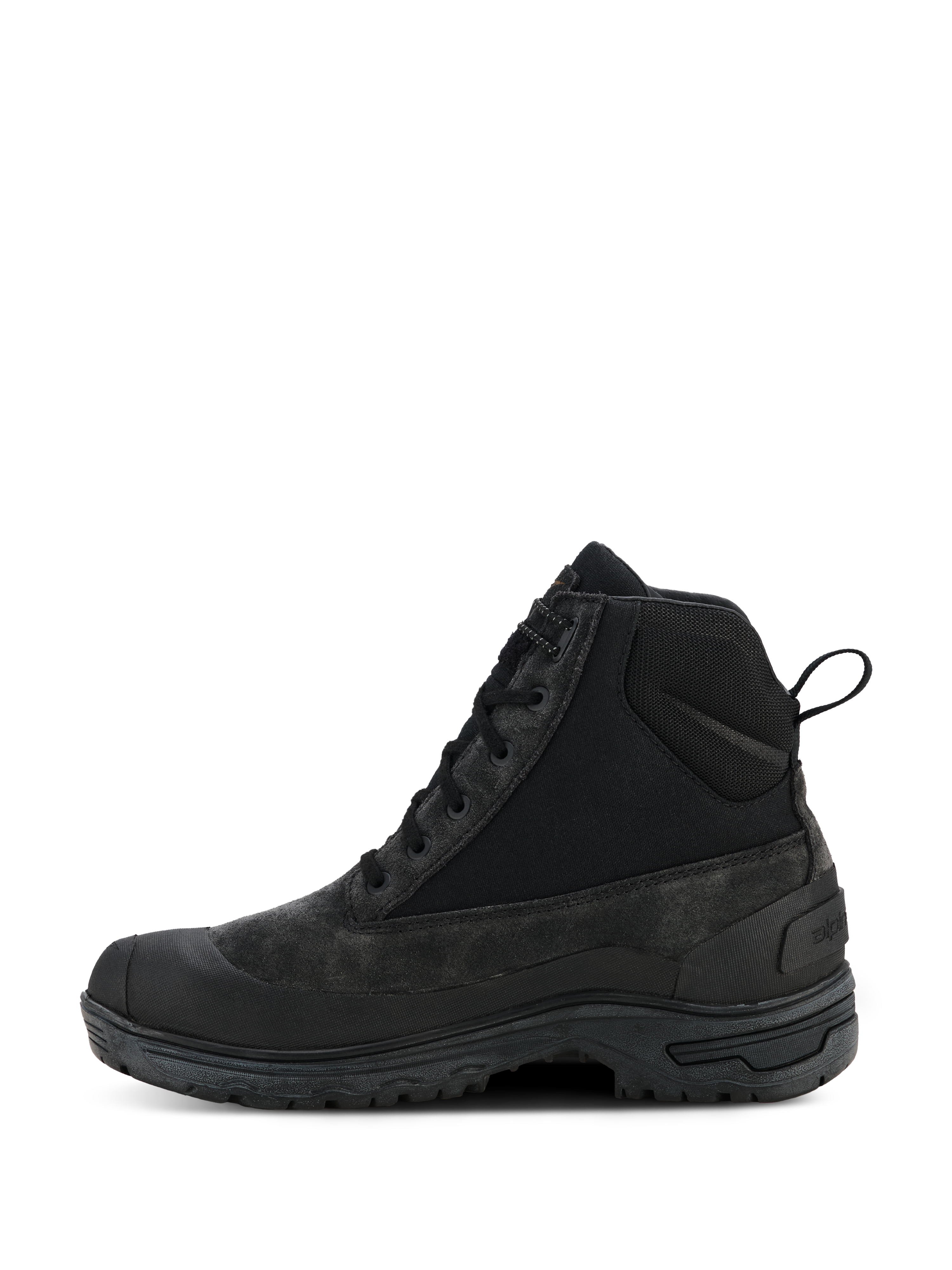 Alpinestars Woman Judy Waterproof støvler, sorte motorcykelstøvler, kampstøvle-inspireret high-top design set fra siden, med snørebånd og trækstrop bagpå, forhøjet gummisål, slidstærk læder- og tekstilkonstruktion til bykørsel