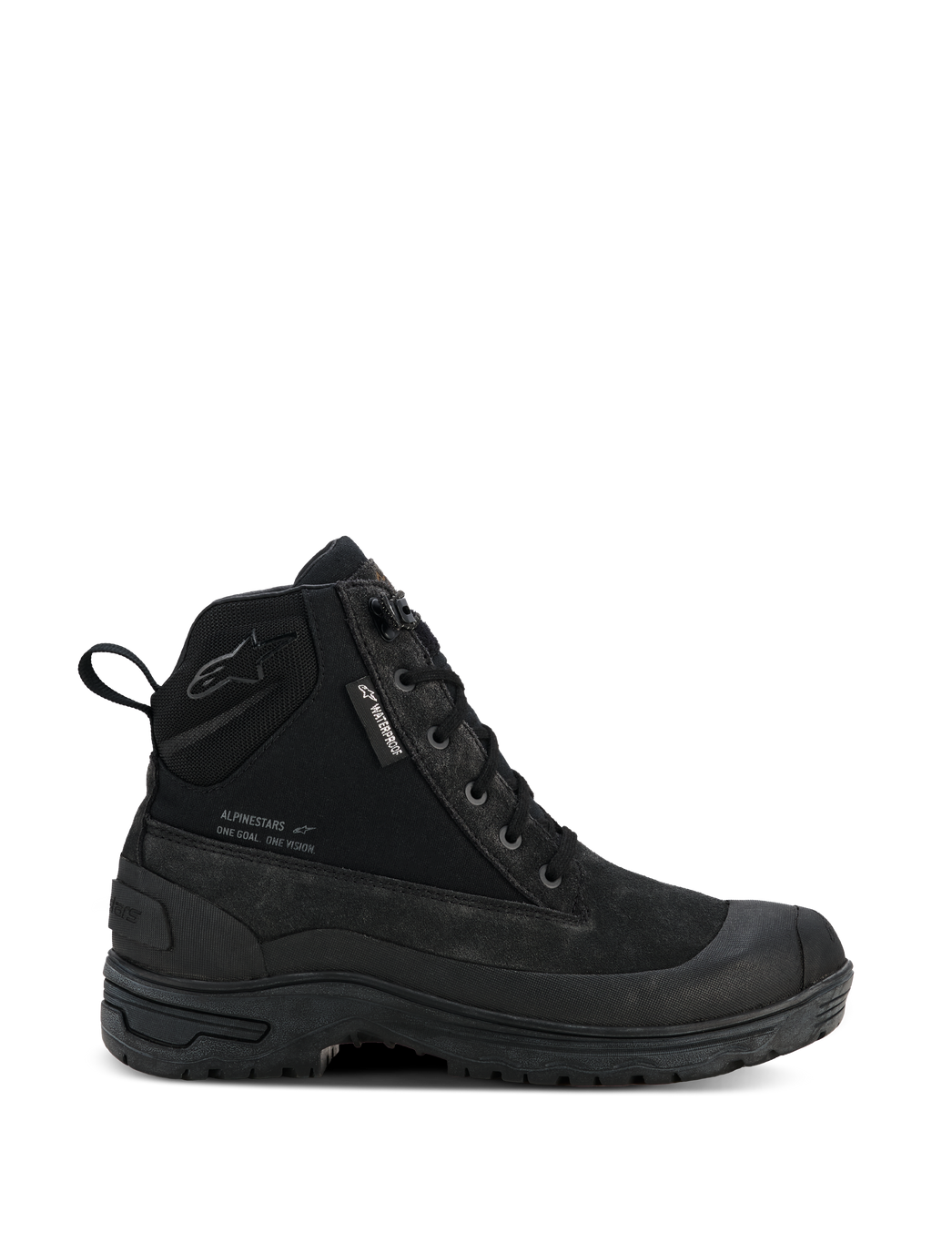 Alpinestars Woman Judy Waterproof støvler, sorte urban motorcykelstøvler til damer, high-top kampstøvle-stil med snørebånd, robust tyk sål, vandtæt mærke og trækstrop bagpå, mat ruskind og tekstilfinish