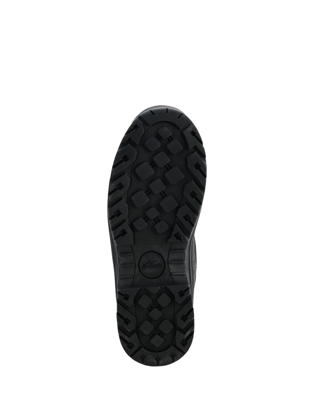 Alpinestars Woman Judy Waterproof støvler, sorte motorcykelstøvler, set nedefra af den robuste gummiydersål, tekstureret mønster for forbedret greb og holdbarhed, med Stella-logoet