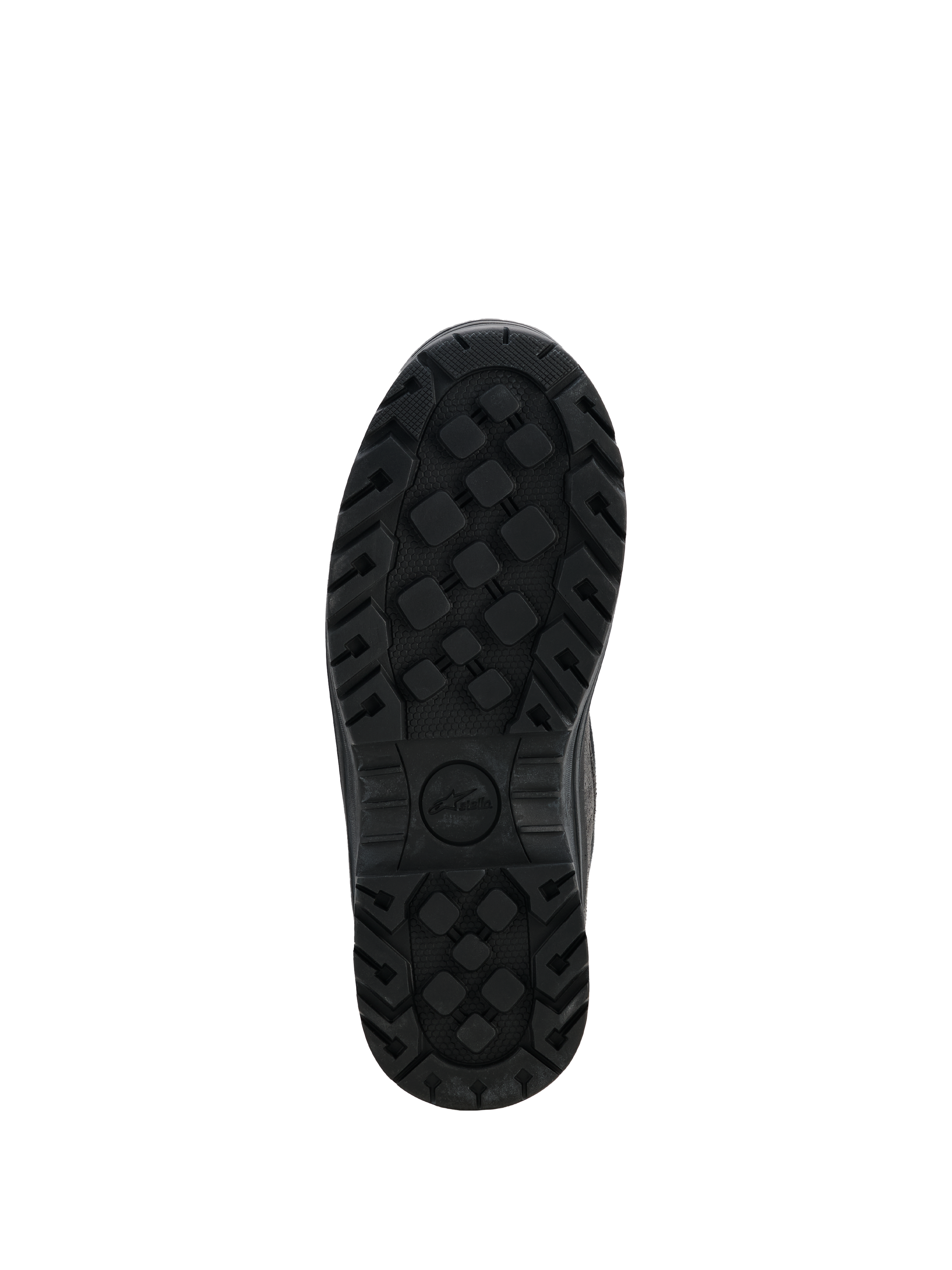 Alpinestars Woman Judy Waterproof støvler, sorte motorcykelstøvler, set nedefra af den robuste gummiydersål, tekstureret mønster for forbedret greb og holdbarhed, med Stella-logoet