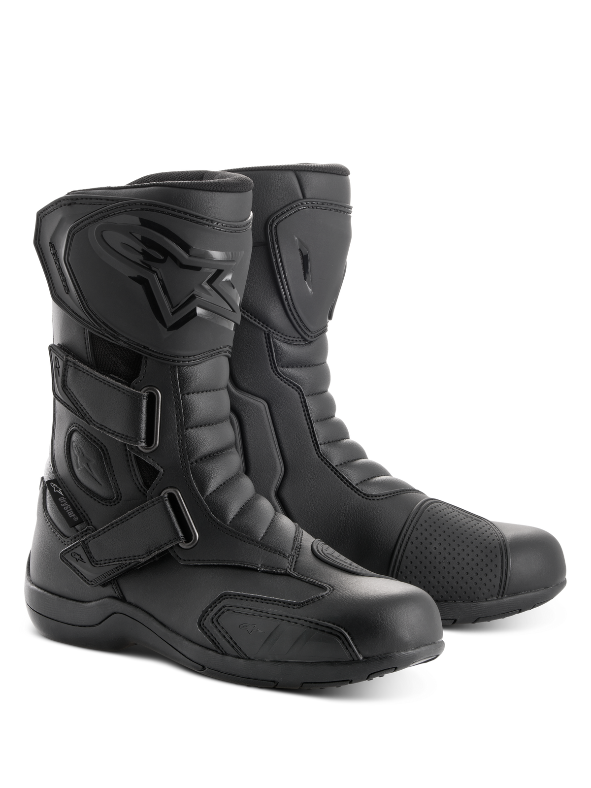 Alpinestars Radon Drystar® støvler, motorcykel-touringstøvler, sort, med tre justerbare velcrostropper, TPU-skinnebensbeskytter med præget logo og forstærket gearskiftepude, holdbar mikrofiberkonstruktion til landevejs- og adventure-kørsel