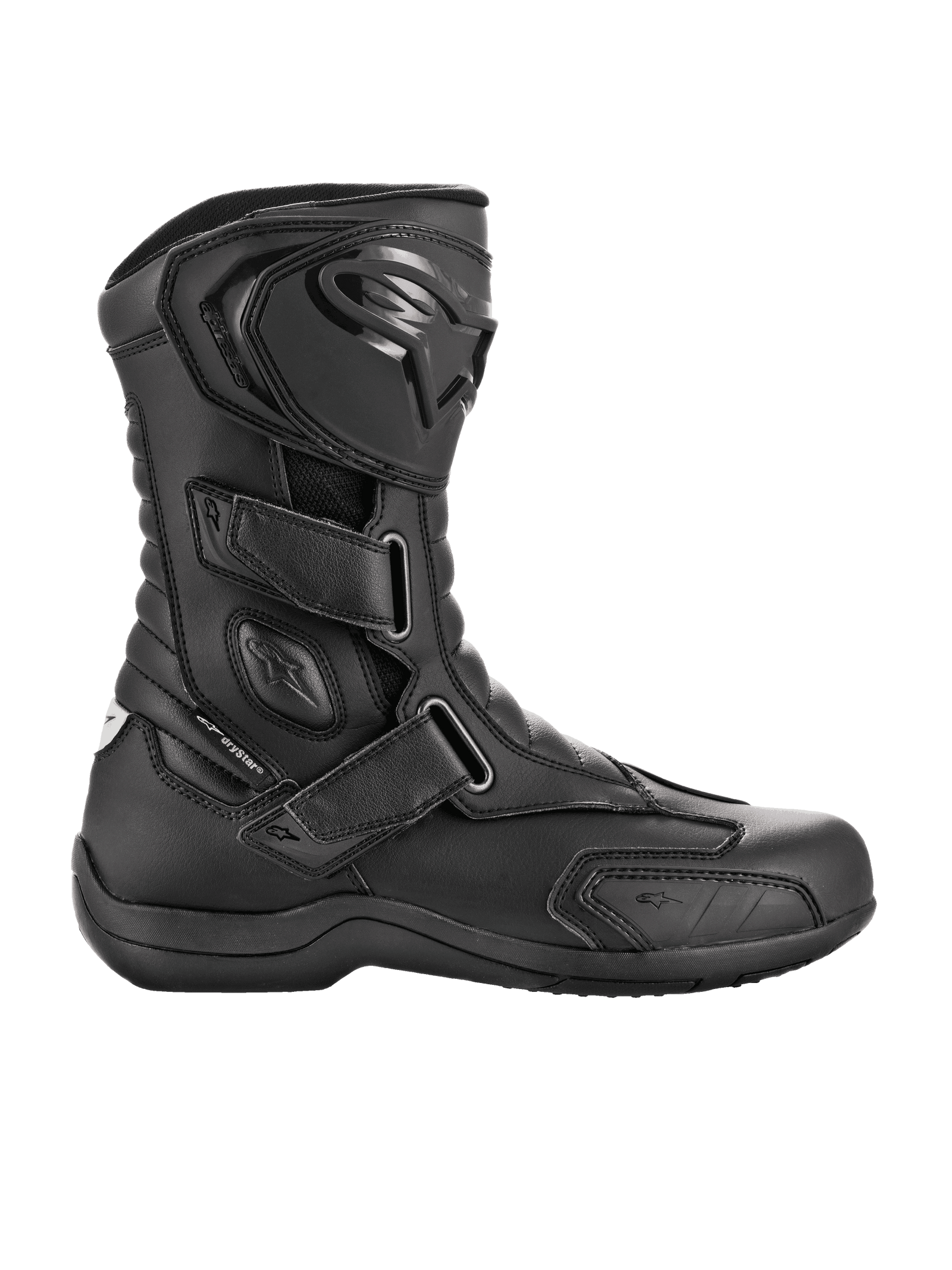 A pair of black Radon Drystar® Boots from Alpinestars EU with a sleek design, featuring reinforced ankles, shin plates, and adjustable straps. The boots boast a combination of smooth and textured leather panels along with a logo emblem on the outer side, providing both style and durable touring protection with 100% waterproofing.