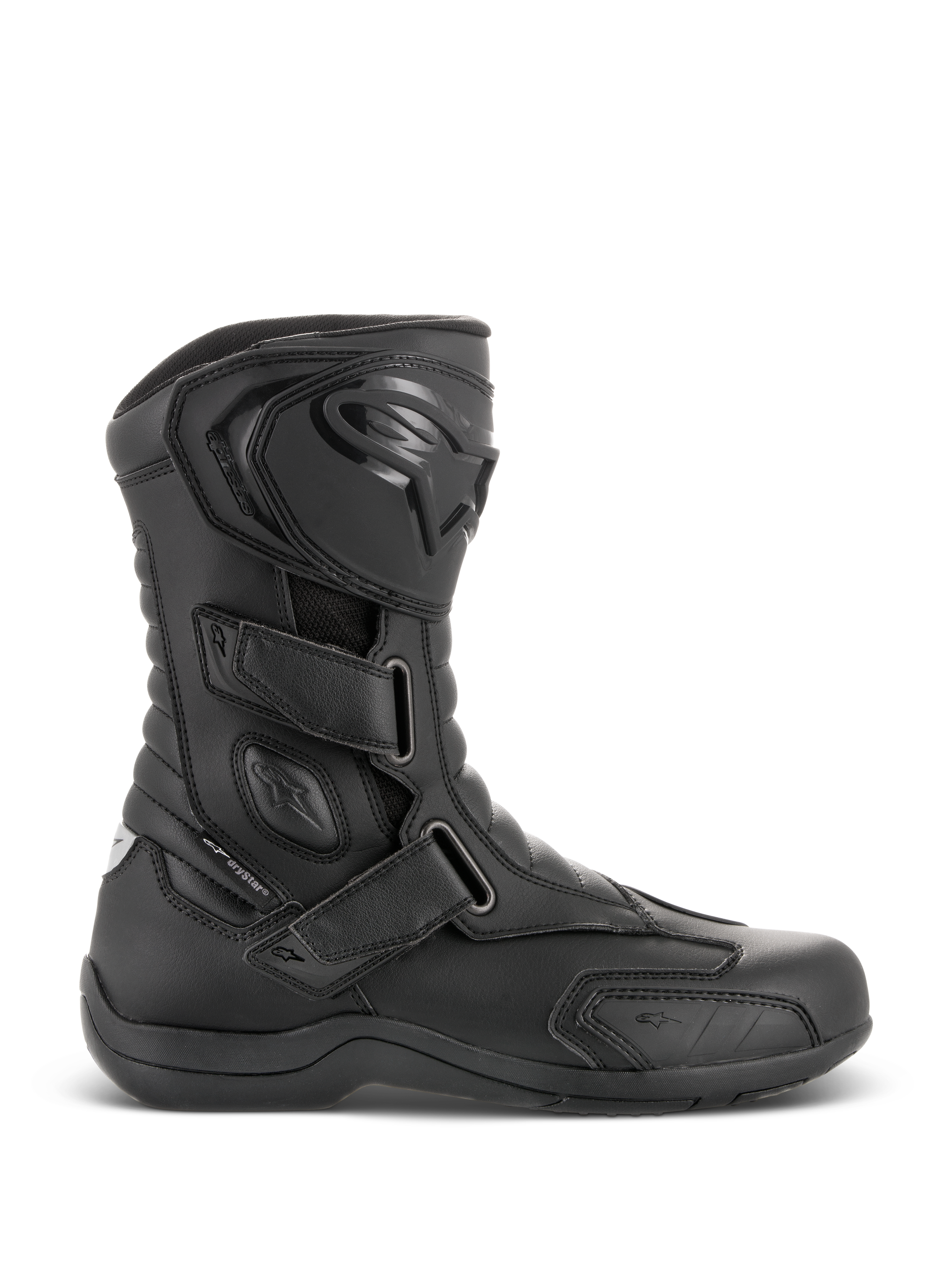 Alpinestars Radon Drystar® støvler, sorte vandtætte motorcykelstøvler til touring, profilvisning med tre justerbare velcroremme, beskyttende TPU-skinnebensplade med Alpinestars-logo, forstærket ankelbeskyttelse, slidstærk vulkaniseret sål