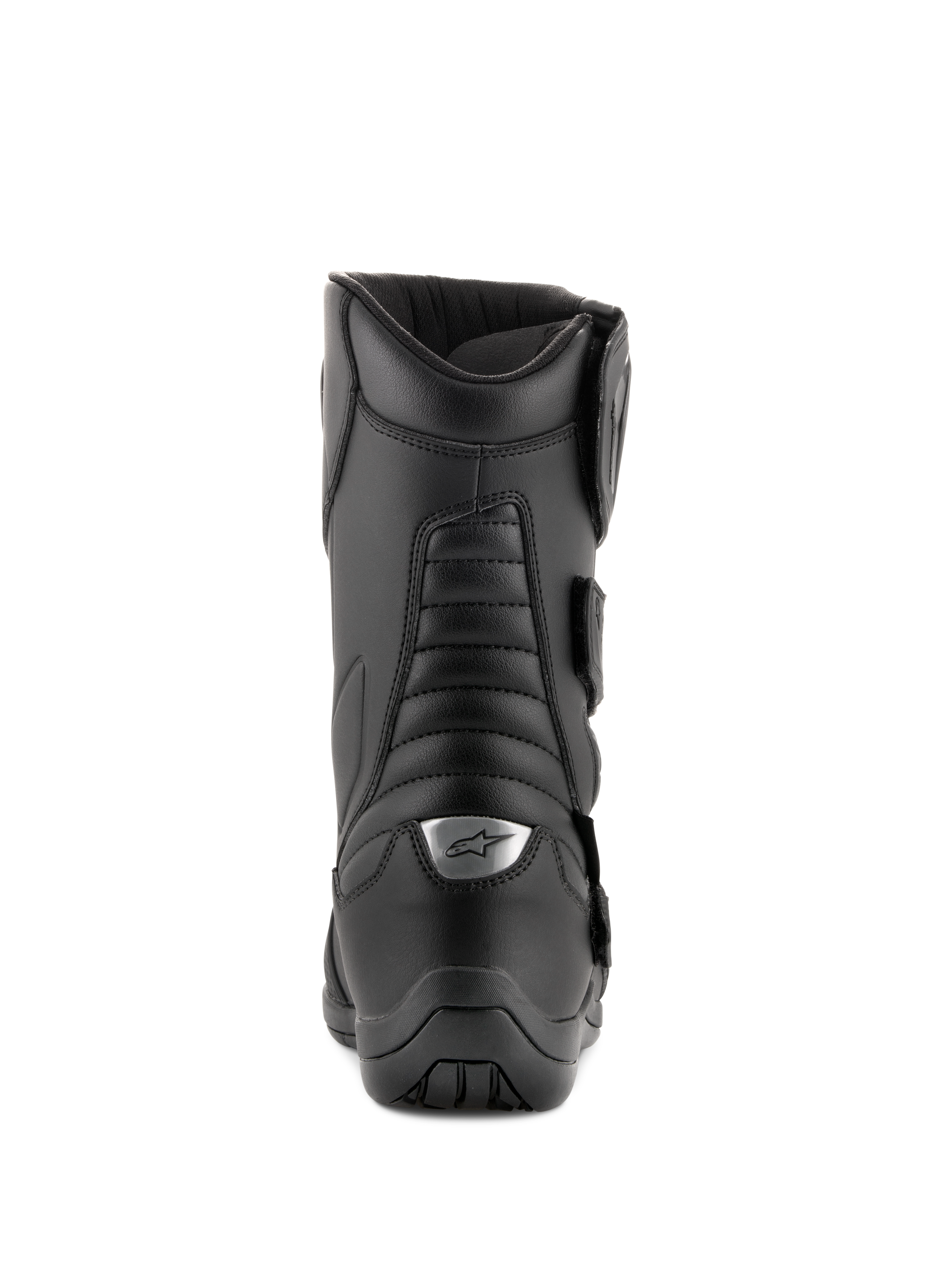 Alpinestars Radon Drystar® Boots, Black, Motorcycle Touring Boots, Rear view featuring accordion flex zones and silver logo on the heel, durable microfiber construction
