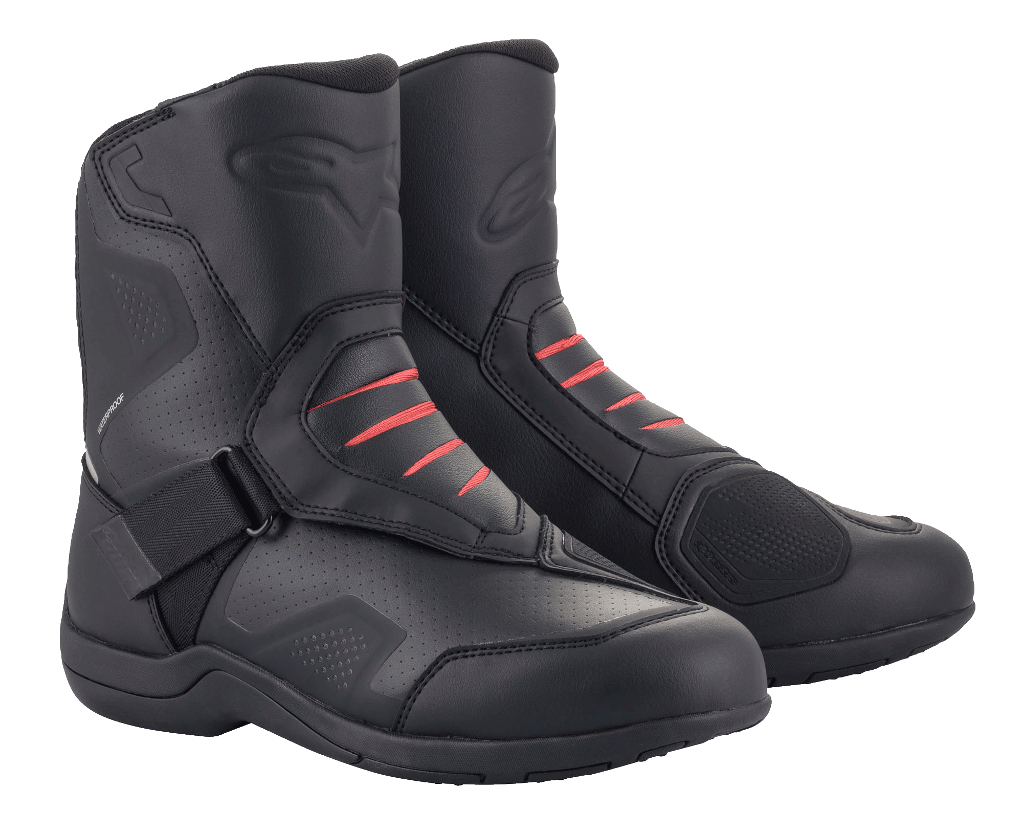 Alpinestars Ridge V2 Waterproof Boots, Black, motorcycle touring boots featuring durable microfiber construction with red accents, Velcro strap closure, embossed Alpinestars logo, and a waterproof membrane for all-weather riding.