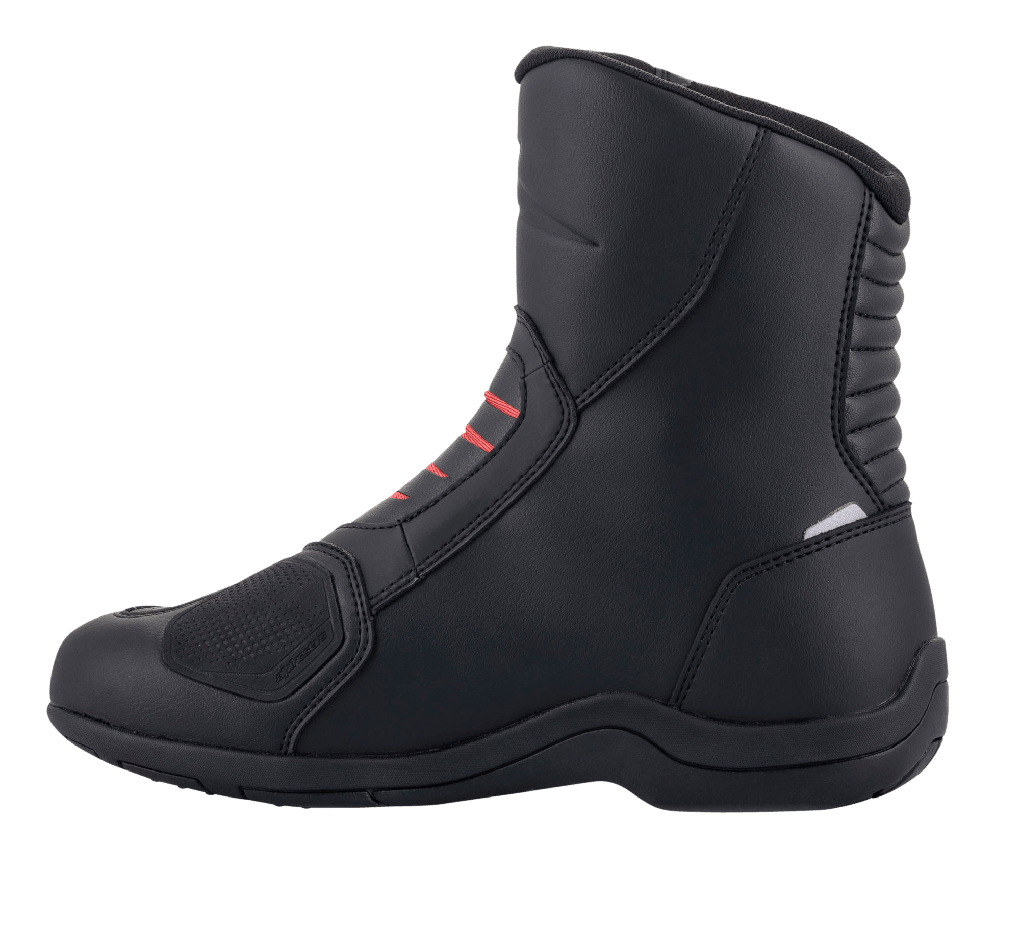 Alpinestars Ridge V2 Waterproof Boot, Black, side profile of motorcycle touring boot featuring red accents on the bridge, reinforced shifter pad, and accordion flex panels on the heel