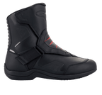 Alpinestars Ridge V2 Waterproof Boot, Black with Red Accents, Motorcycle Touring Boot, Mid-Calf Height, Velcro Strap Closure, Perforated Ventilation Panels, Reinforced Heel and Toe, Synthetic Leather Construction