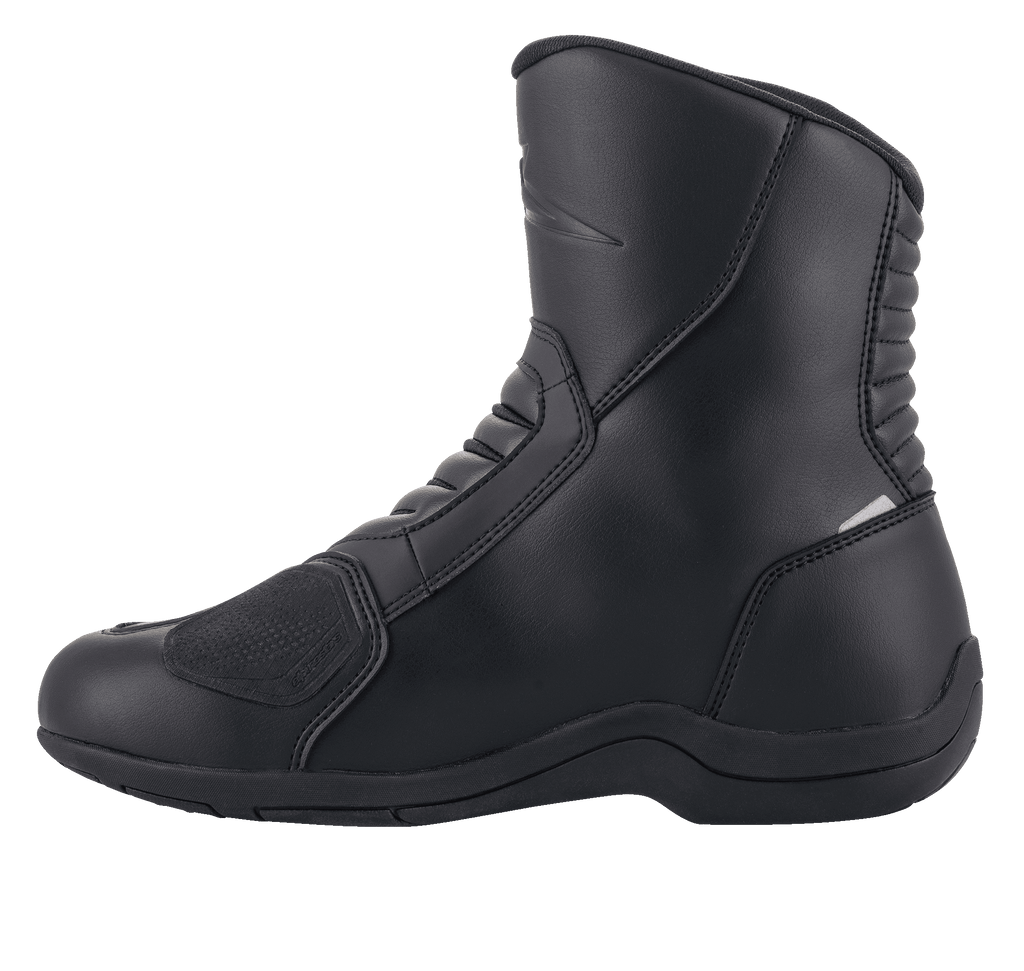 Alpinestars Ridge V2 Waterproof Boot, Technical Touring Motorcycle Boot, Black, durable microfiber construction, side profile view with accordion flex zones and reinforced shift pad protection