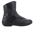 Alpinestars Ridge V2 Waterproof Boot, sidevisning af sort Tech Touring motorcykelstøvle, holdbar mikrofiberkonstruktion med perforerede paneler, bred lukning med velcrorem, harmonika-flexzoner ved anklen, strømlinet vandtæt design til landevejskørsel i al slags vejr