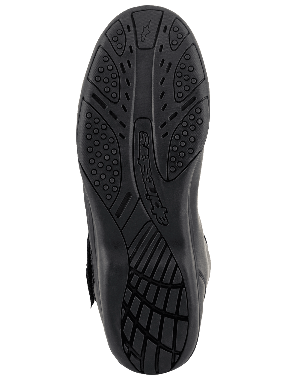 Alpinestars Ridge V2 Waterproof Boot, Black, bottom view showing the durable rubber sole with textured grip patterns and embossed Alpinestars logo, designed for all-weather traction.