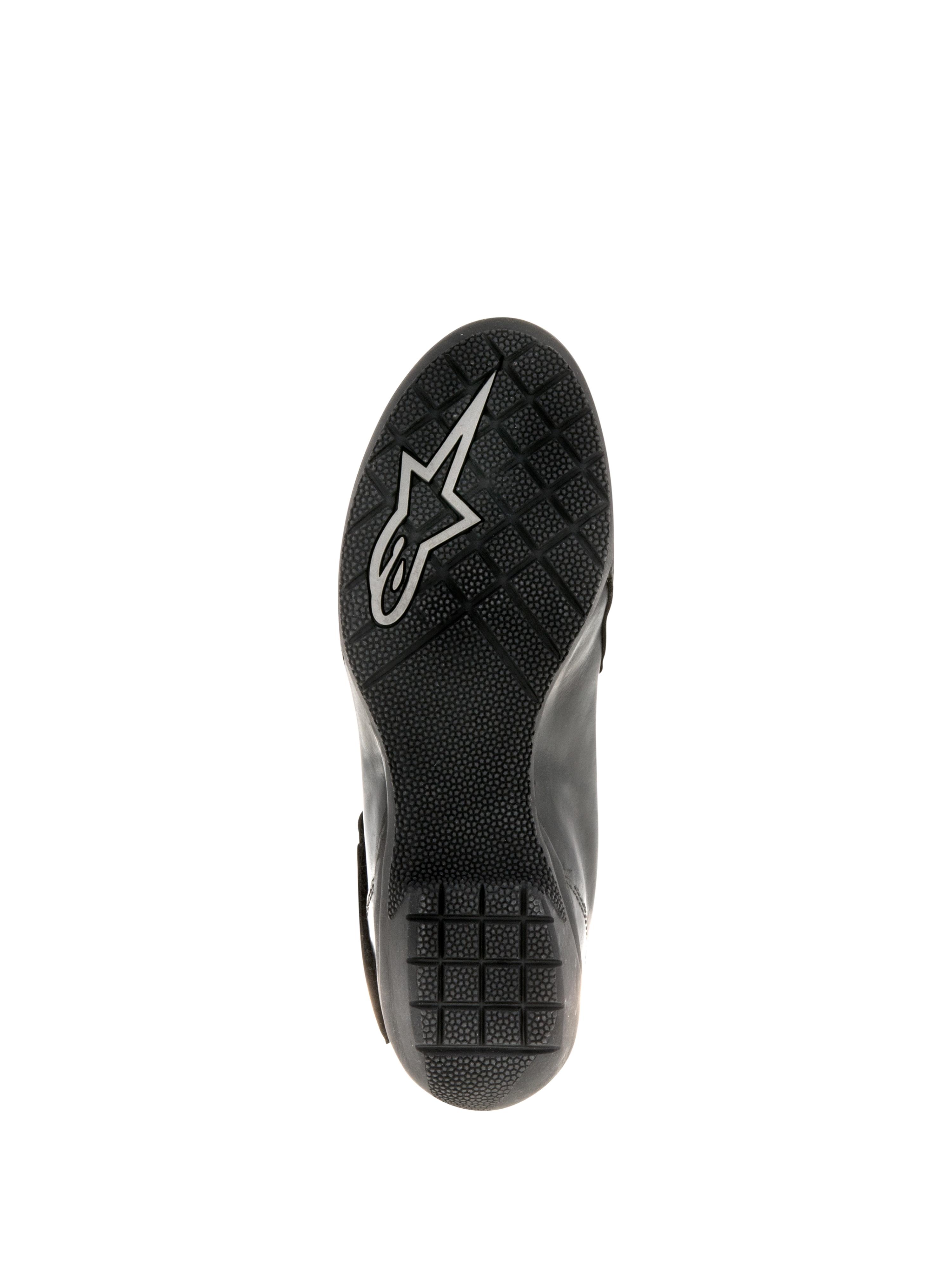 Alpinestars Stella Valencia vandtætte damestøvler, sort, visning af sålen med tekstureret gummi og skridsikkert grebsmønster samt hvidt Astars-logo, designet til stabilitet under motorcykel-touring.