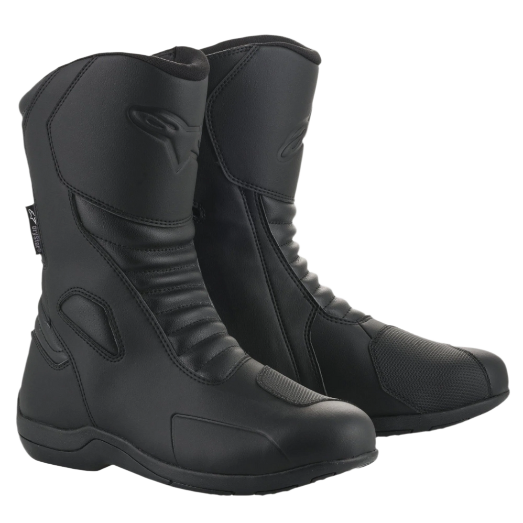 Alpinestars Origin Drystar® støvler, sorte motorcykel touringstøvler, mikrofiber-overdel med front-harmonikaflekszoner, præget Alpinestars-logo på læggen, syntetisk gearskiftepude, strømlinet vandtæt design til vej- og adventure-kørsel