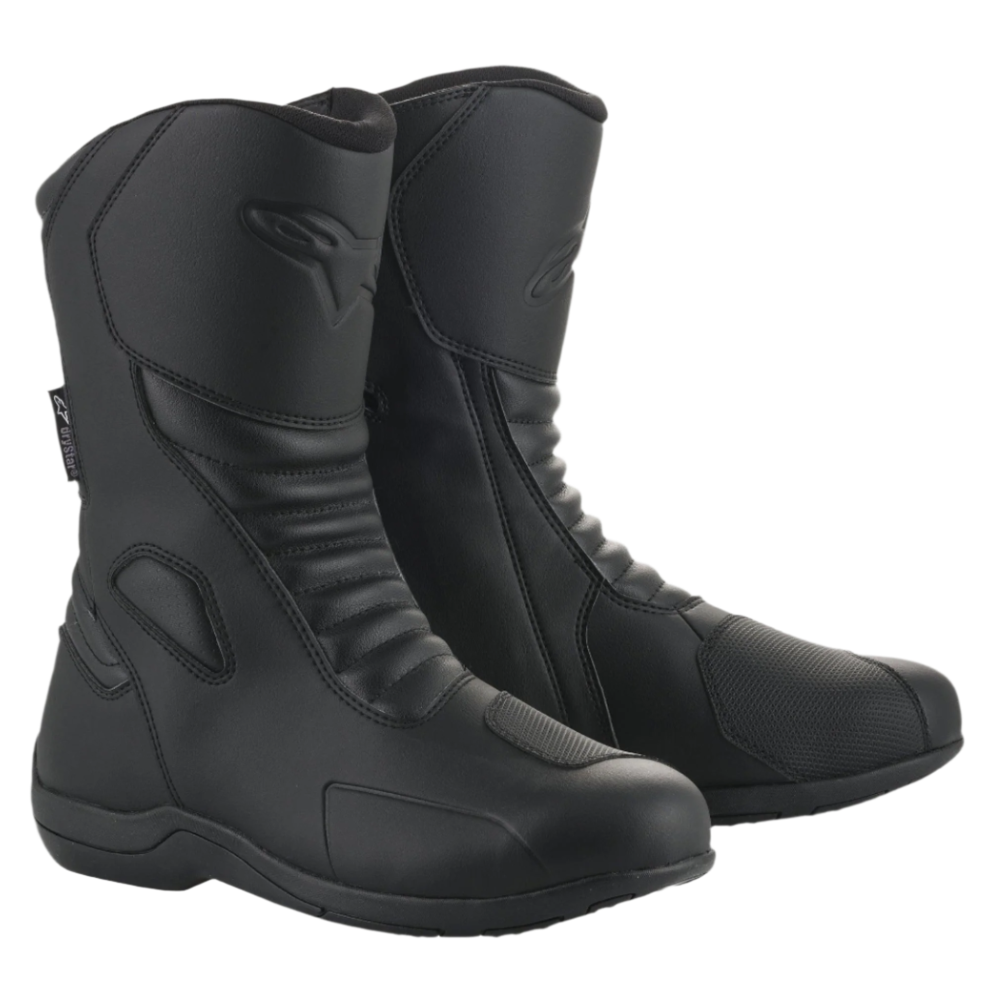 Alpinestars Origin Drystar® støvler, sorte motorcykel touringstøvler, mikrofiber-overdel med front-harmonikaflekszoner, præget Alpinestars-logo på læggen, syntetisk gearskiftepude, strømlinet vandtæt design til vej- og adventure-kørsel
