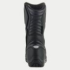 Alpinestars Origin Drystar® støvler, motorcykel touringstøvler, sort, set bagfra med harmonika-flekszoner på akillessenen og læggen, reflekterende hældetalje og holdbar mikrofiberkonstruktion