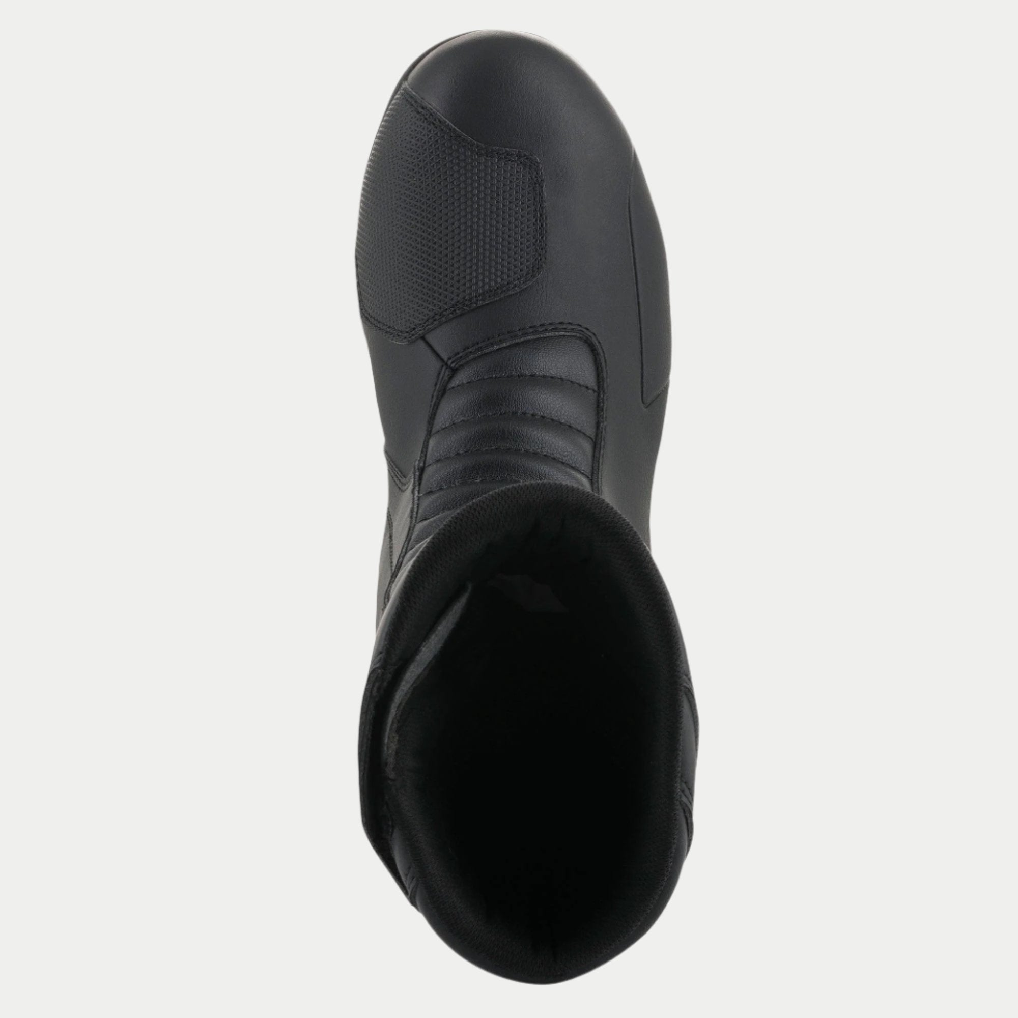 Alpinestars Origin Drystar® støvler, sort, set fra oven, der viser den syntetiske gearskiftepude og forreste harmonikaflekszone, holdbar mikrofiberkonstruktion, vandtætte touring- og adventure motorcykelstøvler