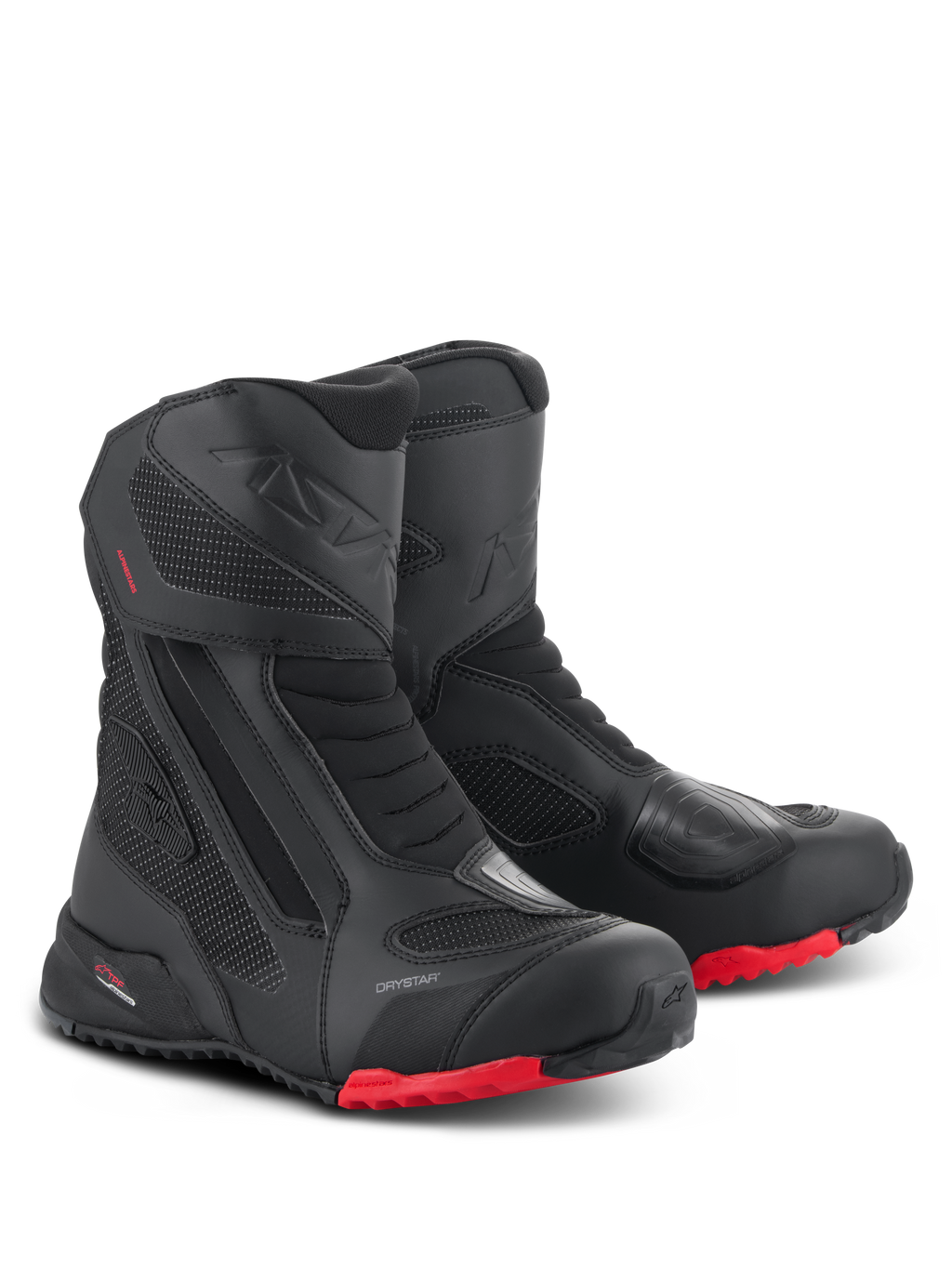Alpinestars RT-7 Drystar støvler, motorcykel touringstøvler, sort og rød, med vandtæt Drystar-membran, slidstærk tekstil- og mikrofiberkonstruktion, røde profilerede såler og beskyttende forstærkede områder til all-terrain eventyr