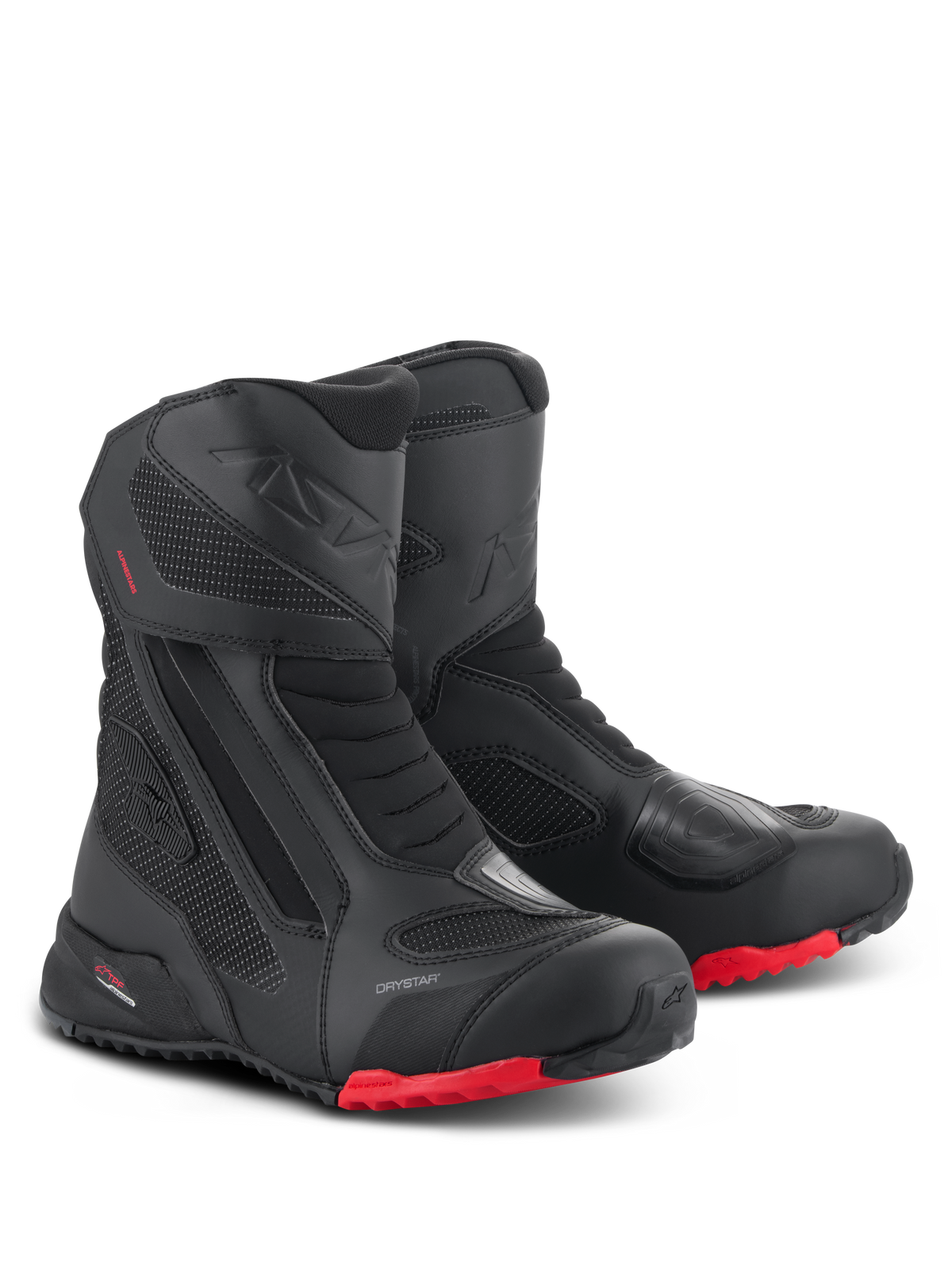 Alpinestars RT-7 Drystar støvler, motorcykel touringstøvler, sort og rød, med vandtæt Drystar-membran, slidstærk tekstil- og mikrofiberkonstruktion, røde profilerede såler og beskyttende forstærkede områder til all-terrain eventyr