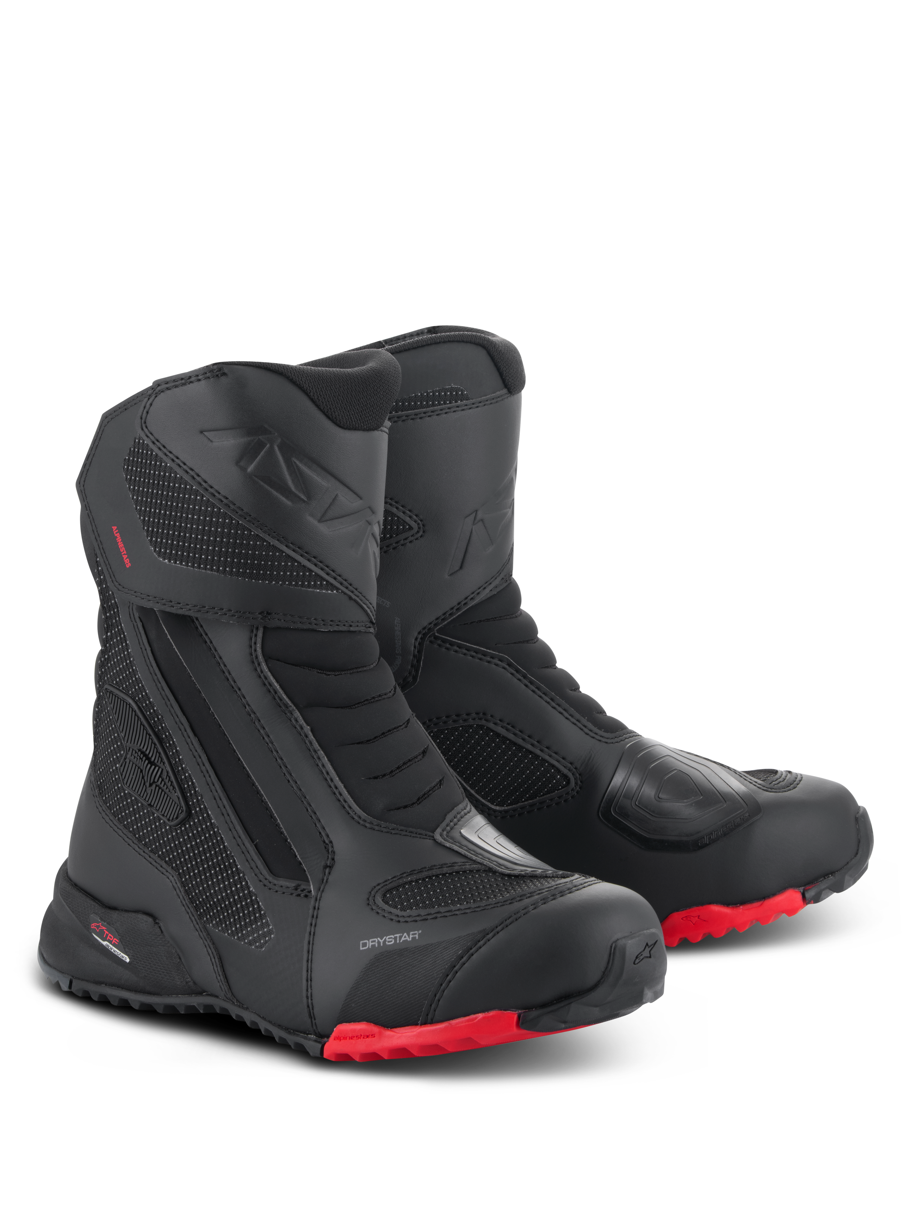 Alpinestars RT-7 Drystar støvler, motorcykel touringstøvler, sort og rød, med vandtæt Drystar-membran, slidstærk tekstil- og mikrofiberkonstruktion, røde profilerede såler og beskyttende forstærkede områder til all-terrain eventyr