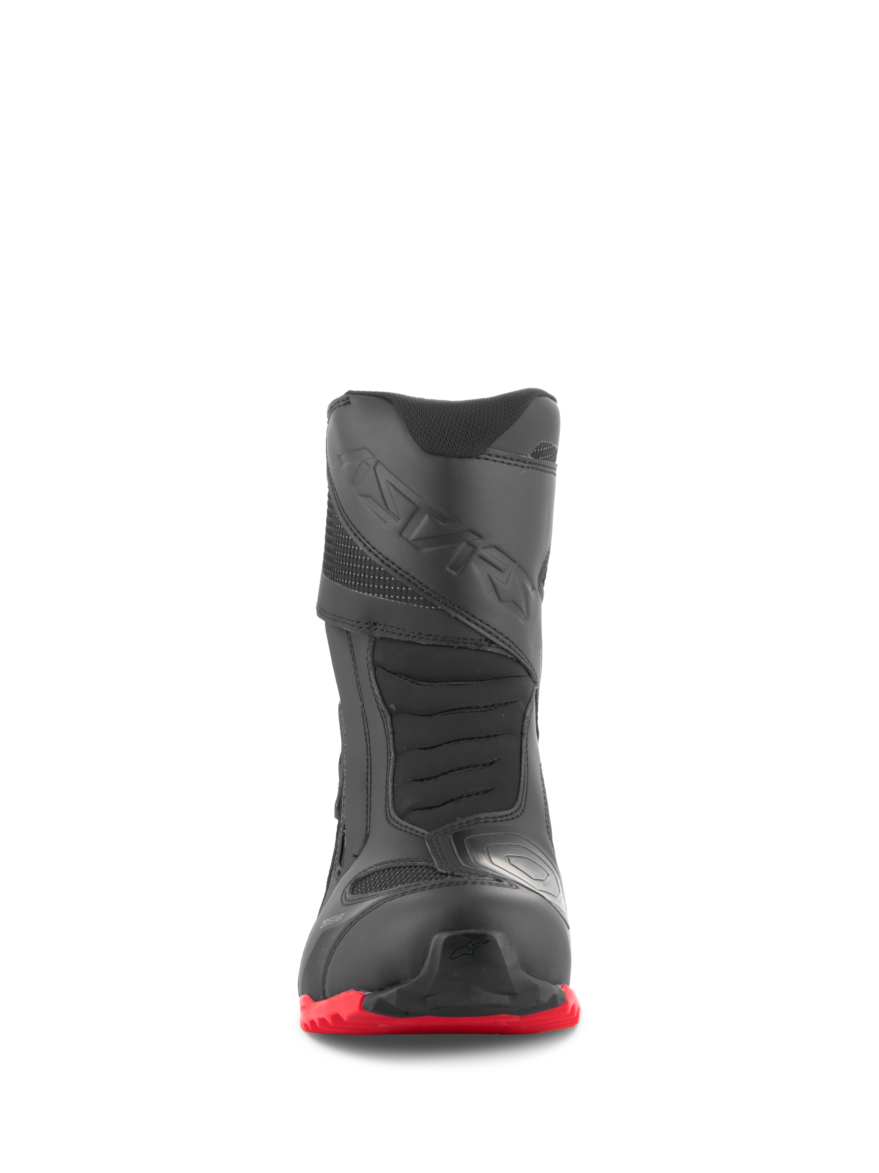 Alpinestars RT-7 Drystar® støvler, motorcykel touringstøvler, sort og rød, set forfra, med forstærket tåboks, 3D-printet gearskiftepude og klar rød profileret sål, vandtæt design til adventure-kørsel.