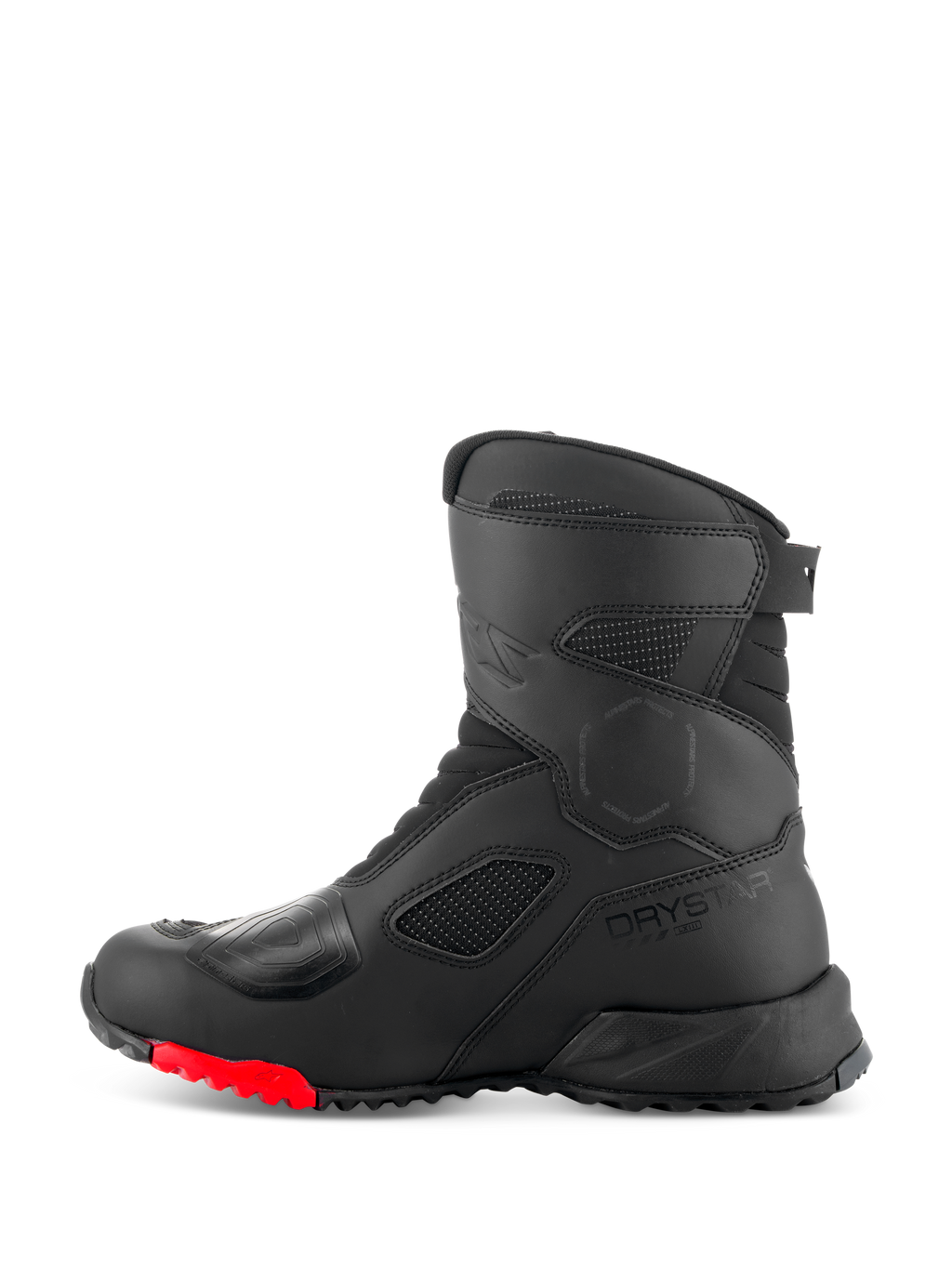 Alpinestars RT-7 Drystar® støvler, motorcykel touringstøvler, sort og rød, sideprofil med Drystar-logo, forstærket skiftepude og holdbar mønstret sål med røde detaljer til adventure-kørsel