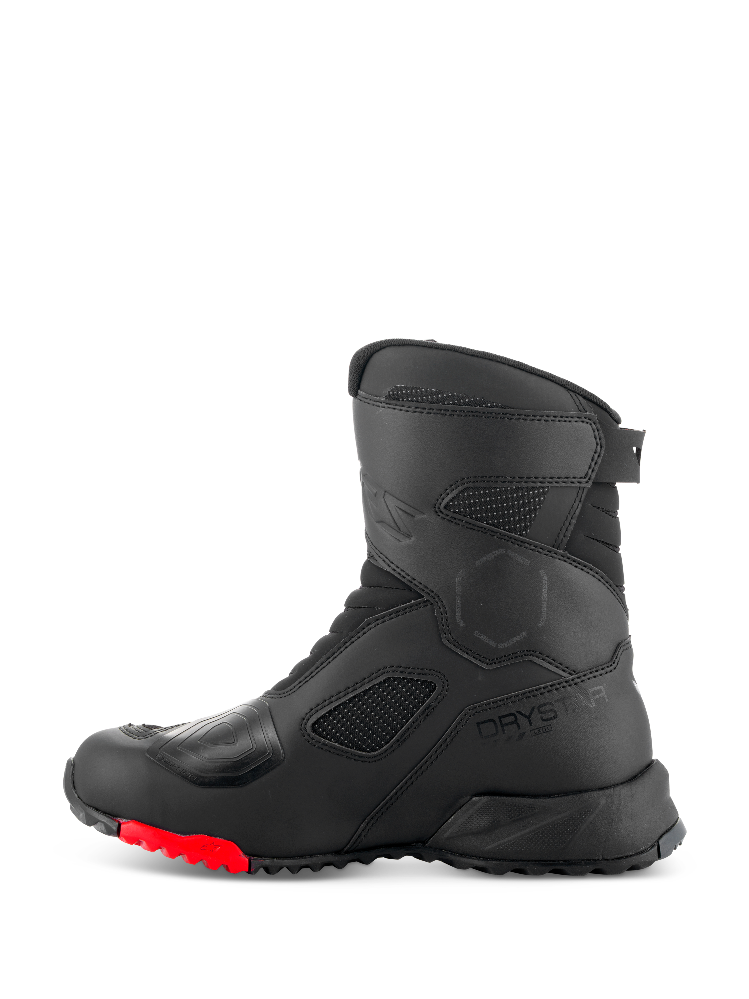 Alpinestars RT-7 Drystar® støvler, motorcykel touringstøvler, sort og rød, sideprofil med Drystar-logo, forstærket skiftepude og holdbar mønstret sål med røde detaljer til adventure-kørsel