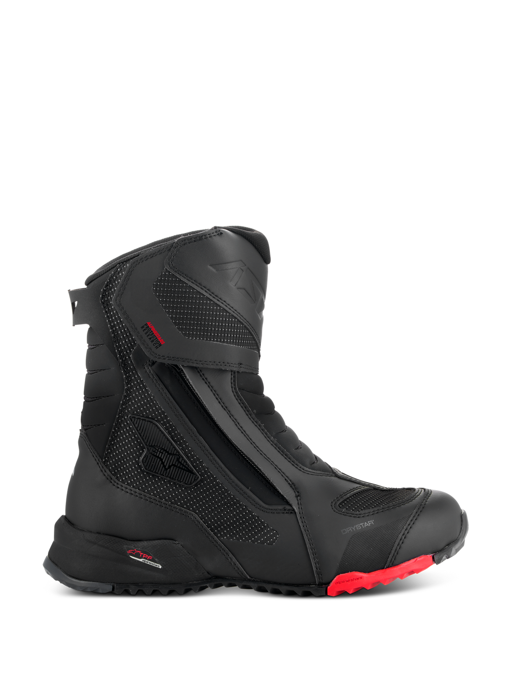 Alpinestars RT-7 Drystar støvler, motorcykelstøvler til touring, sort med rød detalje på sålen, vandtæt og åndbar, sideprofil med lateral lynlås og velcro-lukning, teksturerede tekstilpaneler med reflekterende prikker, robust sål med groft mønster, avanceret syntetisk konstruktion