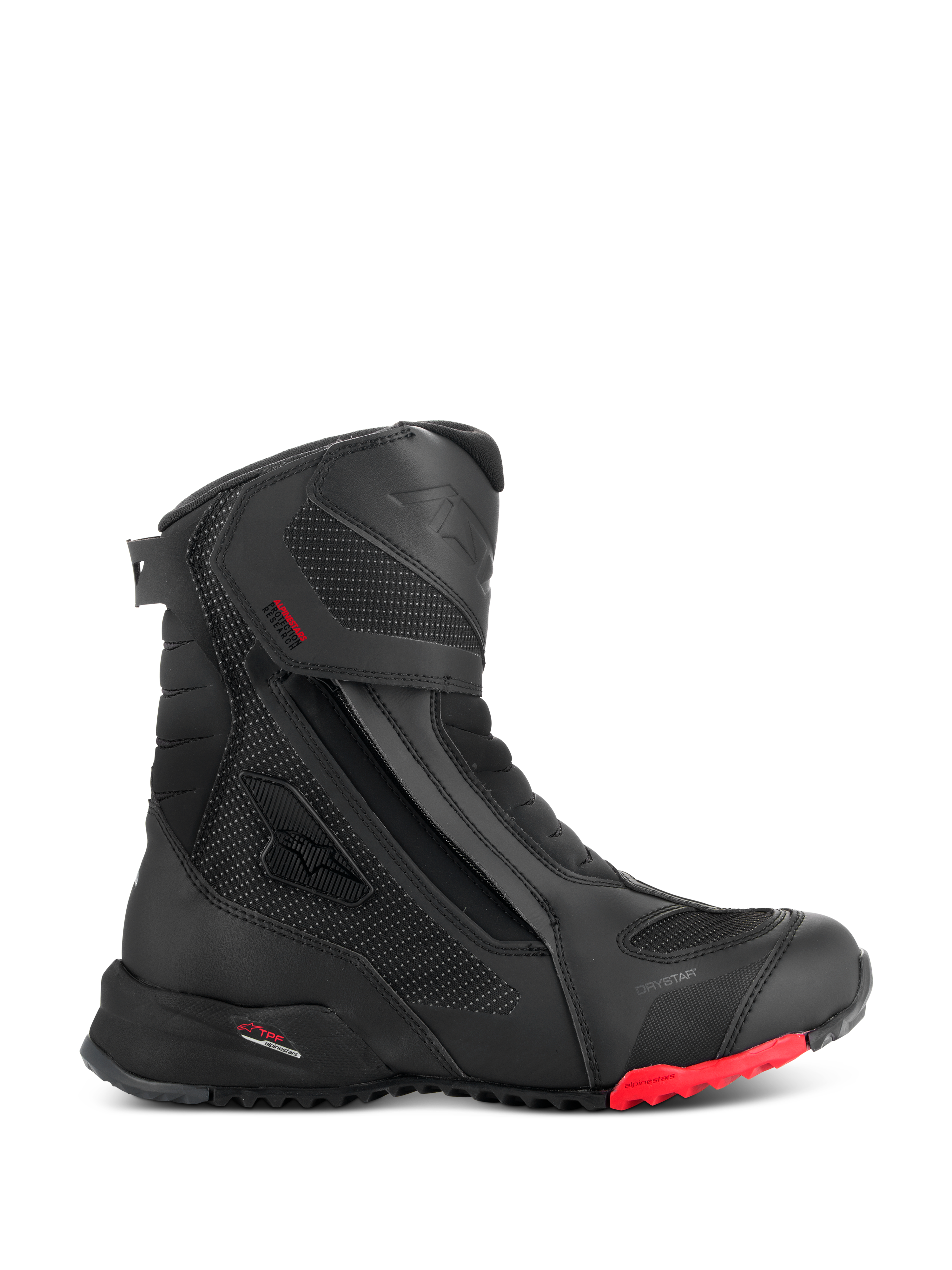 Alpinestars RT-7 Drystar støvler, motorcykelstøvler til touring, sort med rød detalje på sålen, vandtæt og åndbar, sideprofil med lateral lynlås og velcro-lukning, teksturerede tekstilpaneler med reflekterende prikker, robust sål med groft mønster, avanceret syntetisk konstruktion