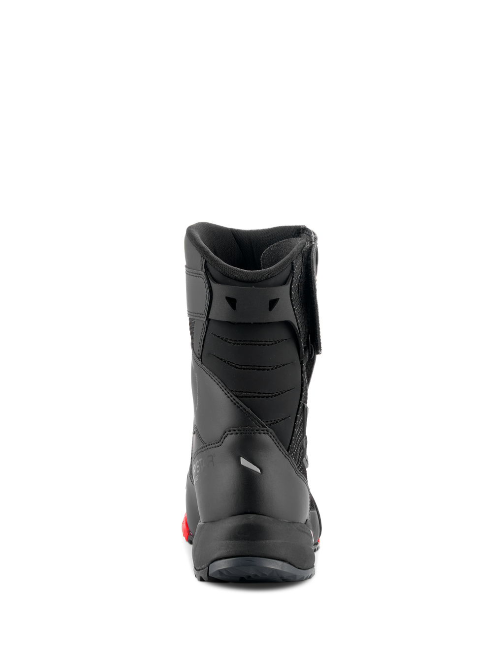 Alpinestars RT-7 Drystar® støvler, motorcykel touringstøvler, sort og rød, set bagfra med polstrede akilleshæls-bælge og strømlinet konstruktion, vandtæt beskyttende fodtøj til vej og eventyr