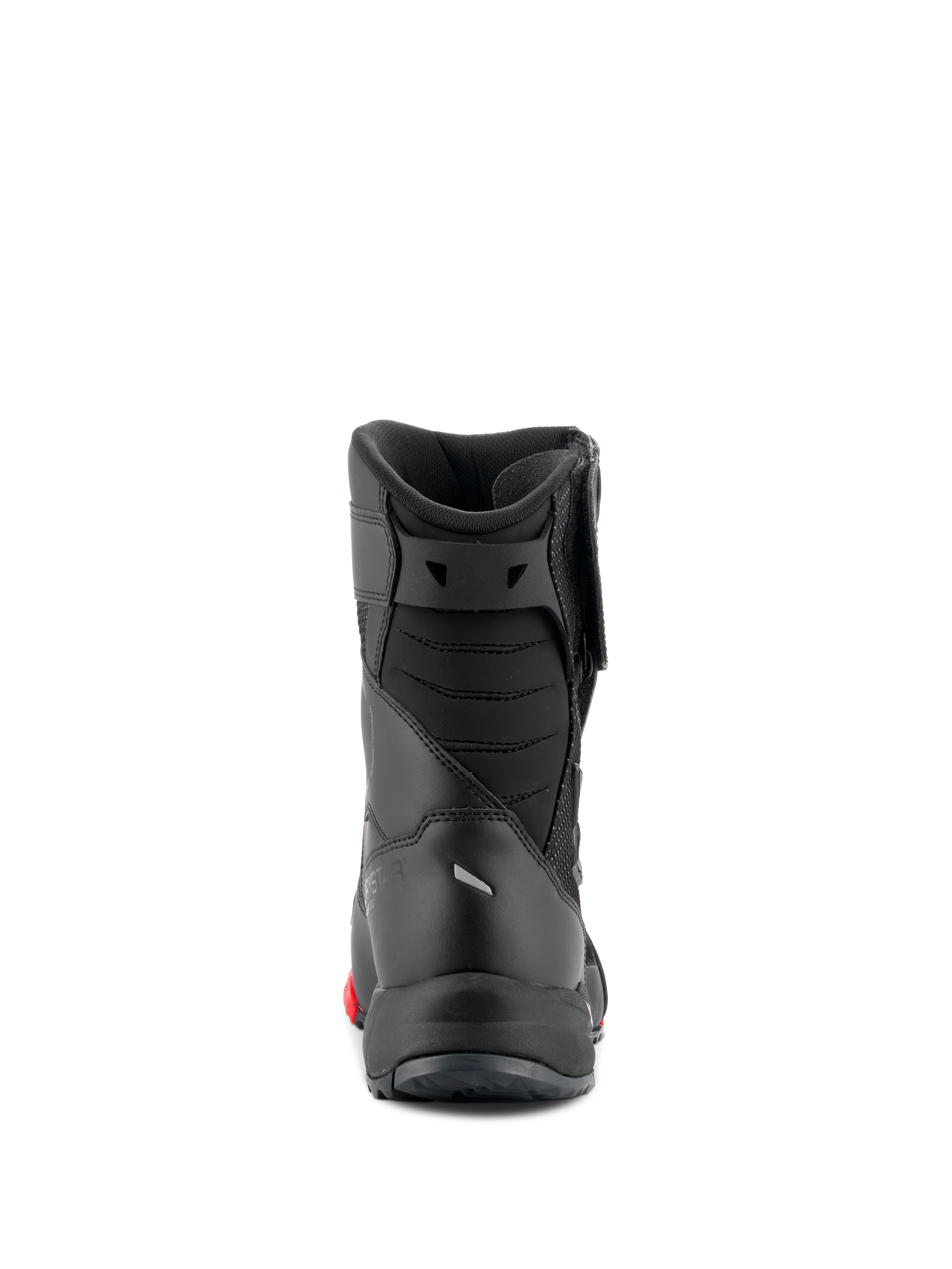 Alpinestars RT-7 Drystar® støvler, motorcykel touringstøvler, sort og rød, set bagfra med polstrede akilleshæls-bælge og strømlinet konstruktion, vandtæt beskyttende fodtøj til vej og eventyr