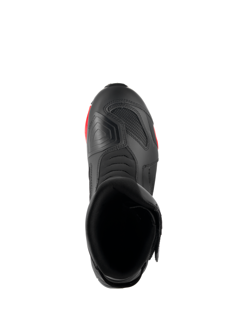 Alpinestars RT-7 Drystar® støvler, motorcykel touringstøvler, sort og rød, set oppefra, der viser støvleåbningen, det indvendige og den teksturerede skiftepude på tåen
