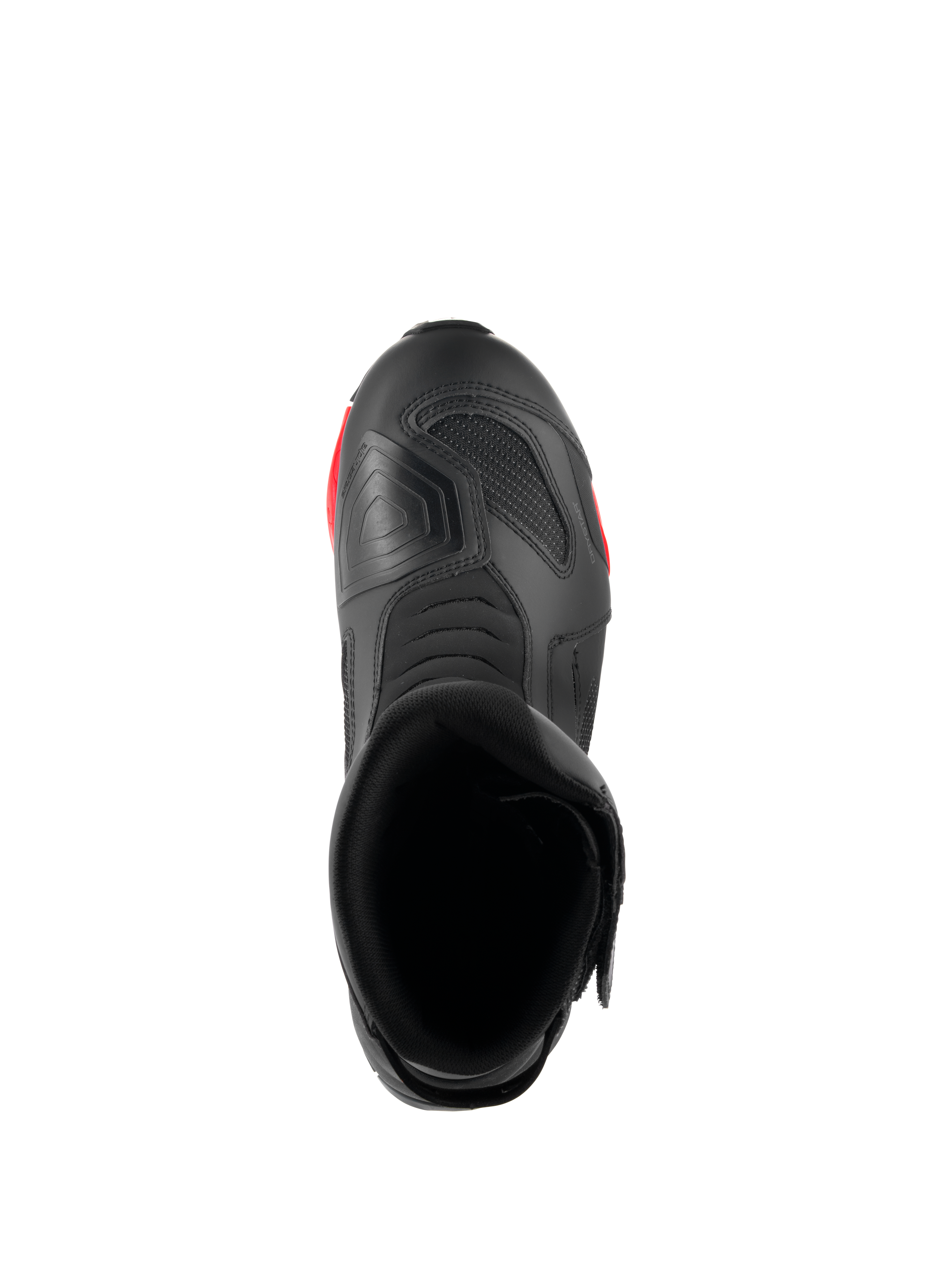 Alpinestars RT-7 Drystar® støvler, motorcykel touringstøvler, sort og rød, set oppefra, der viser støvleåbningen, det indvendige og den teksturerede skiftepude på tåen