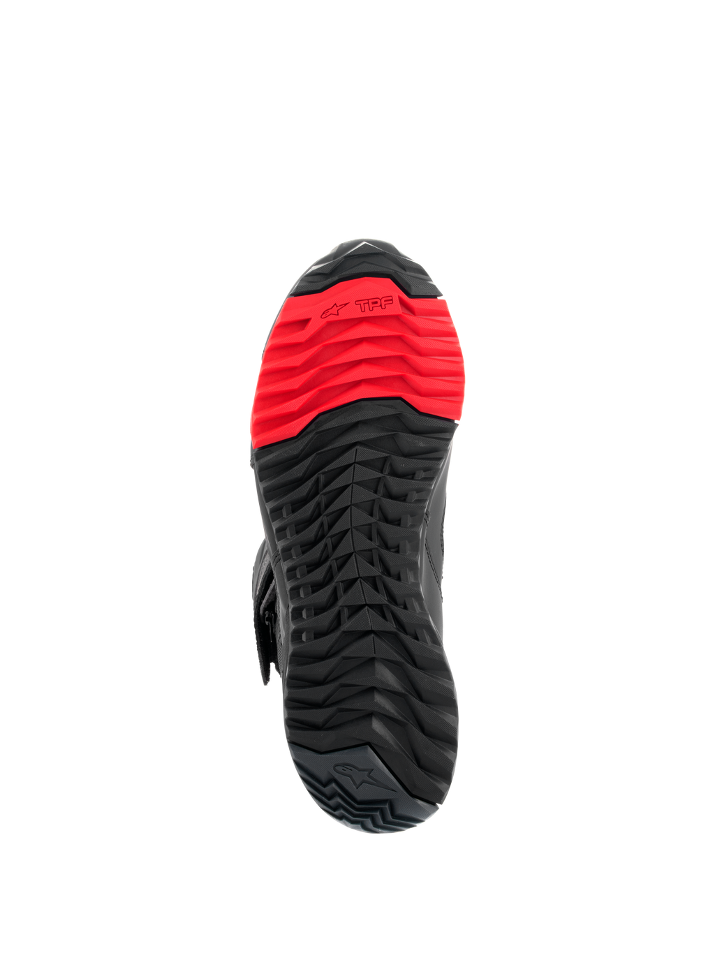 Alpinestars RT-7 Drystar® støvler, sålvisning, robust sort og rødt groft mønster, med TPF Transversal Protection Frame-logo på forfoden, designet til komfort under kørsel og gang