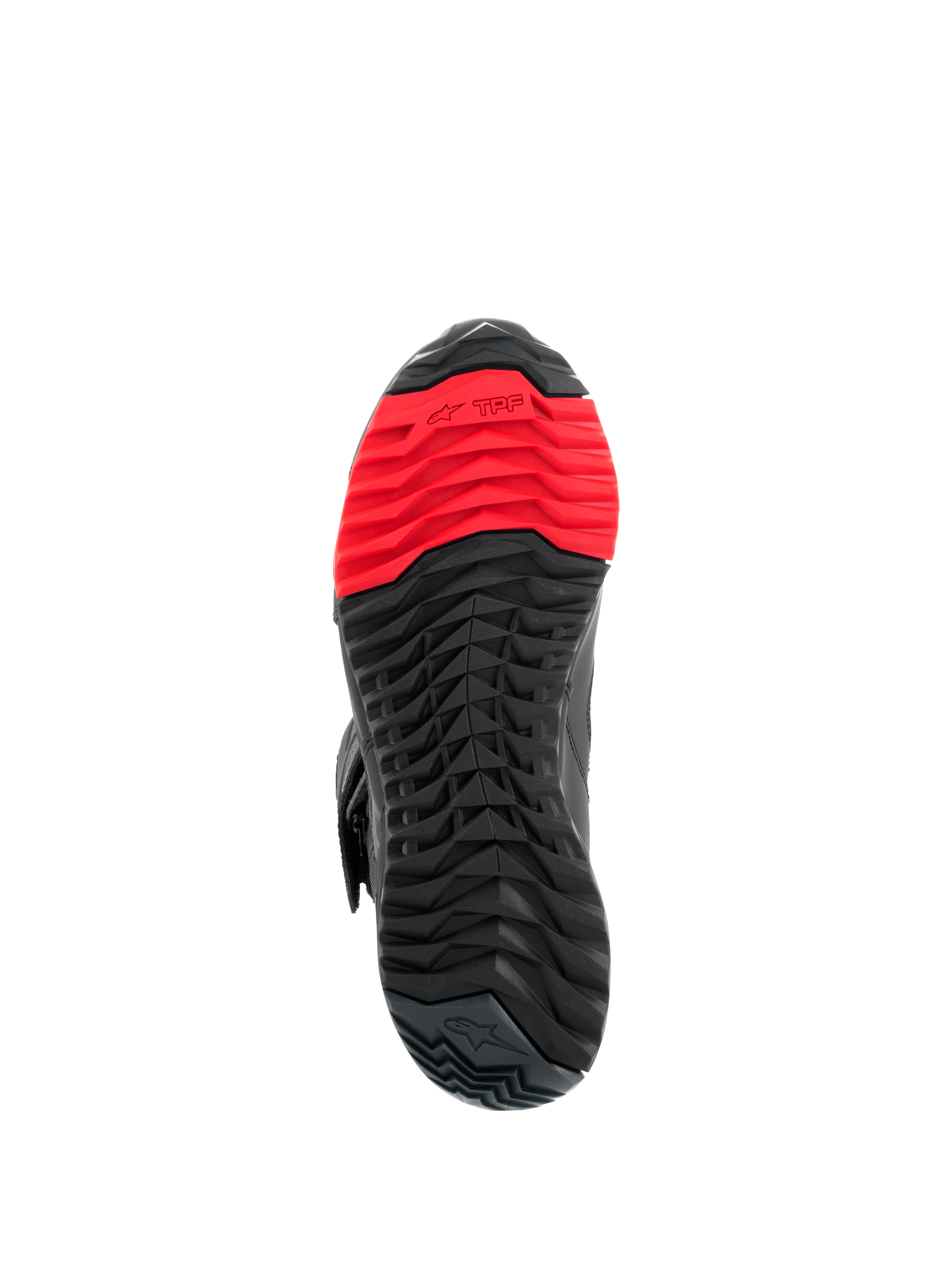 Alpinestars RT-7 Drystar® støvler, sålvisning, robust sort og rødt groft mønster, med TPF Transversal Protection Frame-logo på forfoden, designet til komfort under kørsel og gang