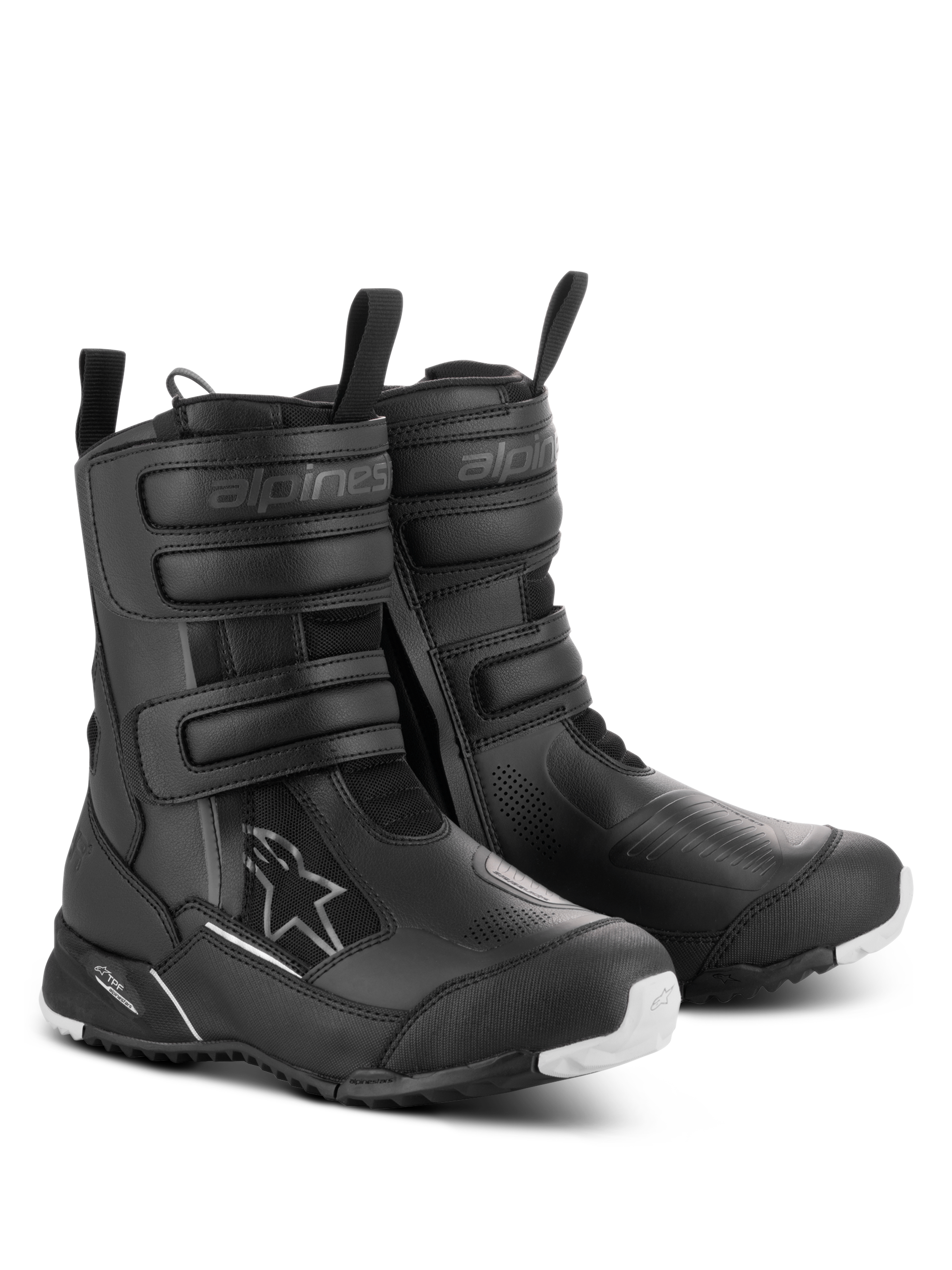 Alpinestars Stella RT-7 Touring Drystar® motorcykelstøvler til damer, sort, vandtætte touringstøvler med tre velcrostropper, dobbelt lynlåsåbning og en robust ydersål med hvide detaljer.