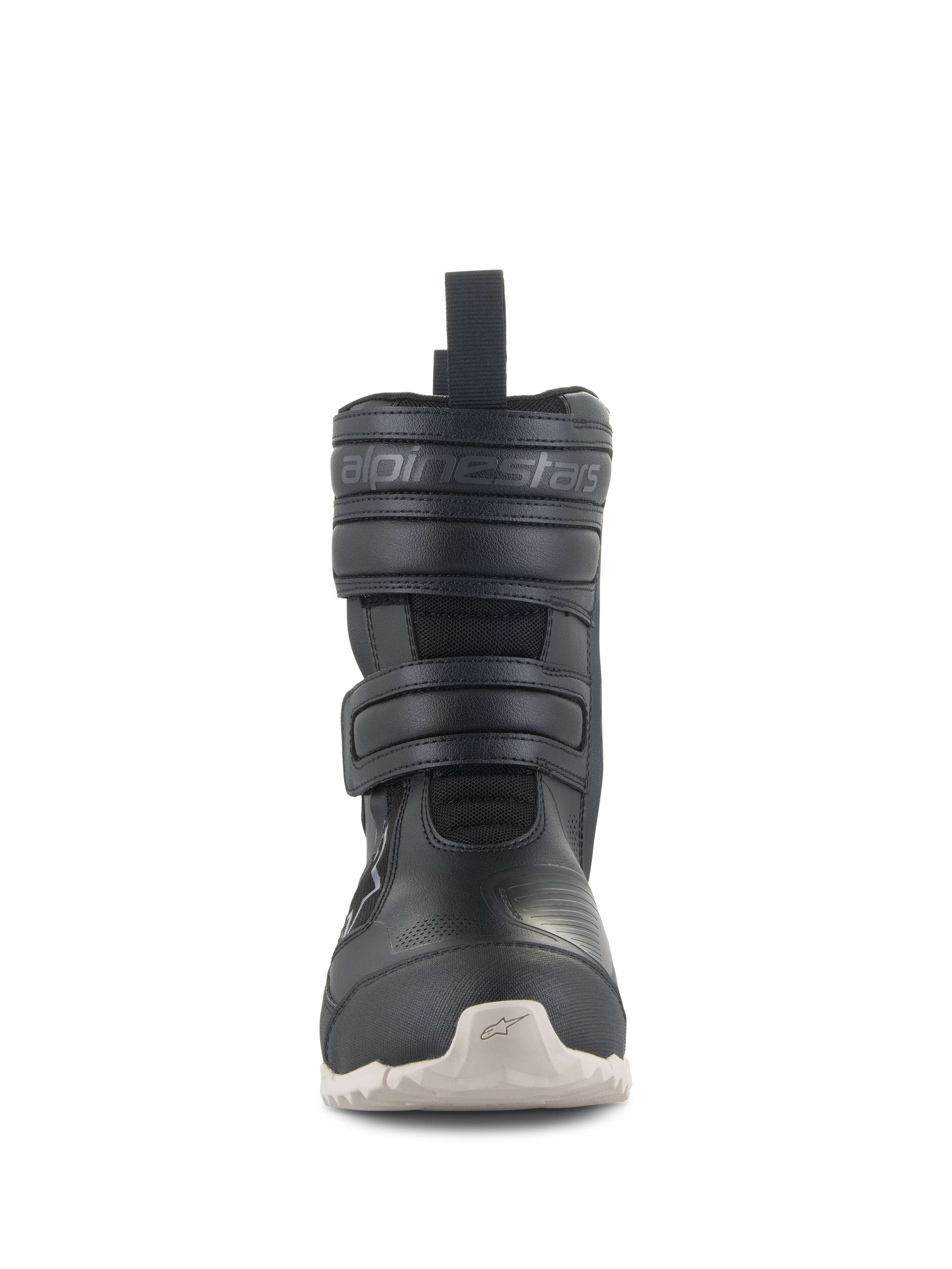 Alpinestars Stella RT-7 Touring Drystar® støvler, motorcykel touringstøvler til damer, sort, set forfra med dobbelte velcrolukninger, præget Alpinestars-branding, teknisk overdel i mikrofiber og lys ydersål med groft mønster