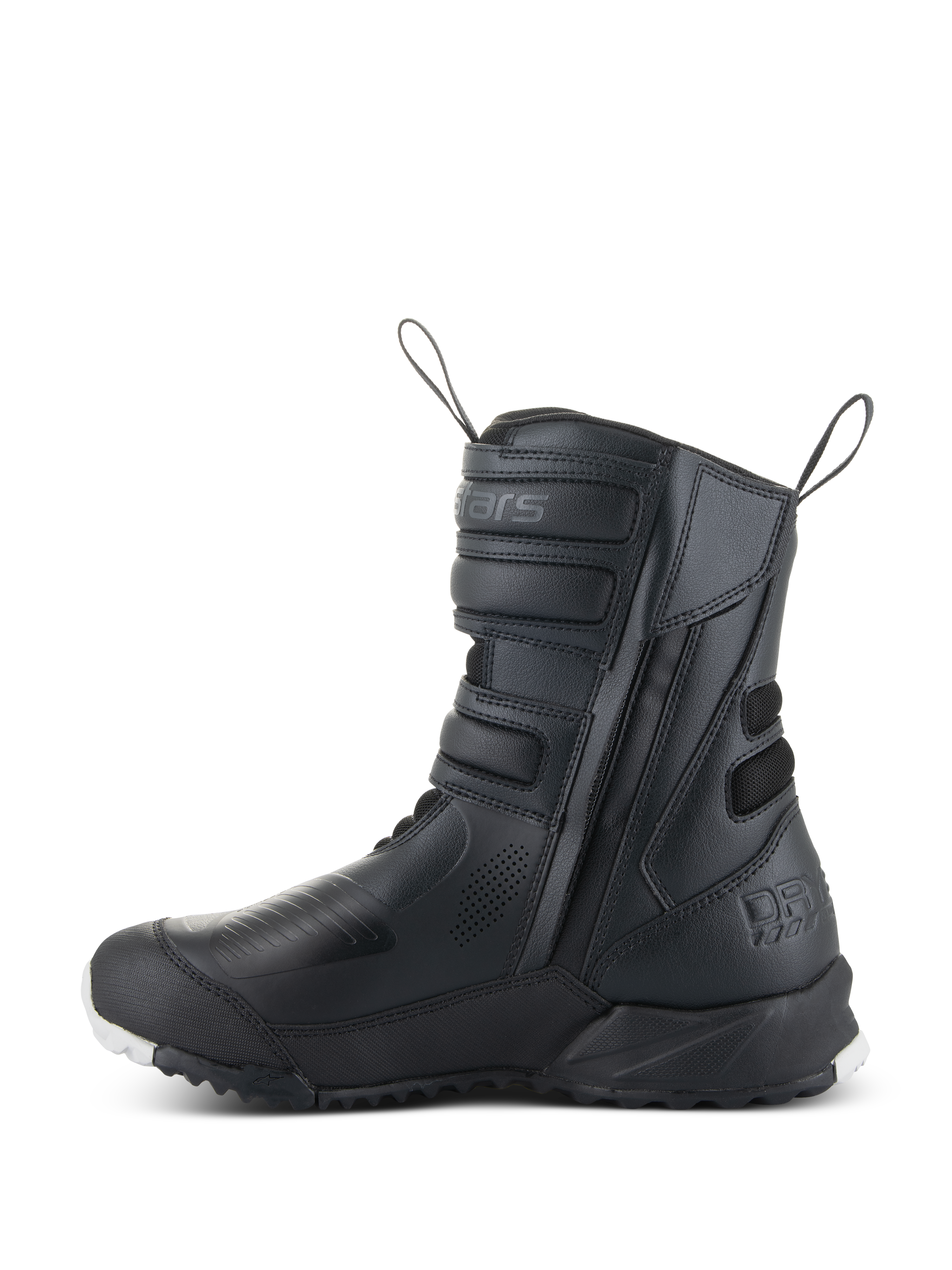 Alpinestars Stella RT-7 Touring Drystar® støvler til damer, motorcykel-touringstøvler til kvinder, sort, set fra siden med dobbelt lynlåsåbning, Velcro-stropjusteringer, forstærkede beskyttelseszoner og robust sål til adventure-kørsel