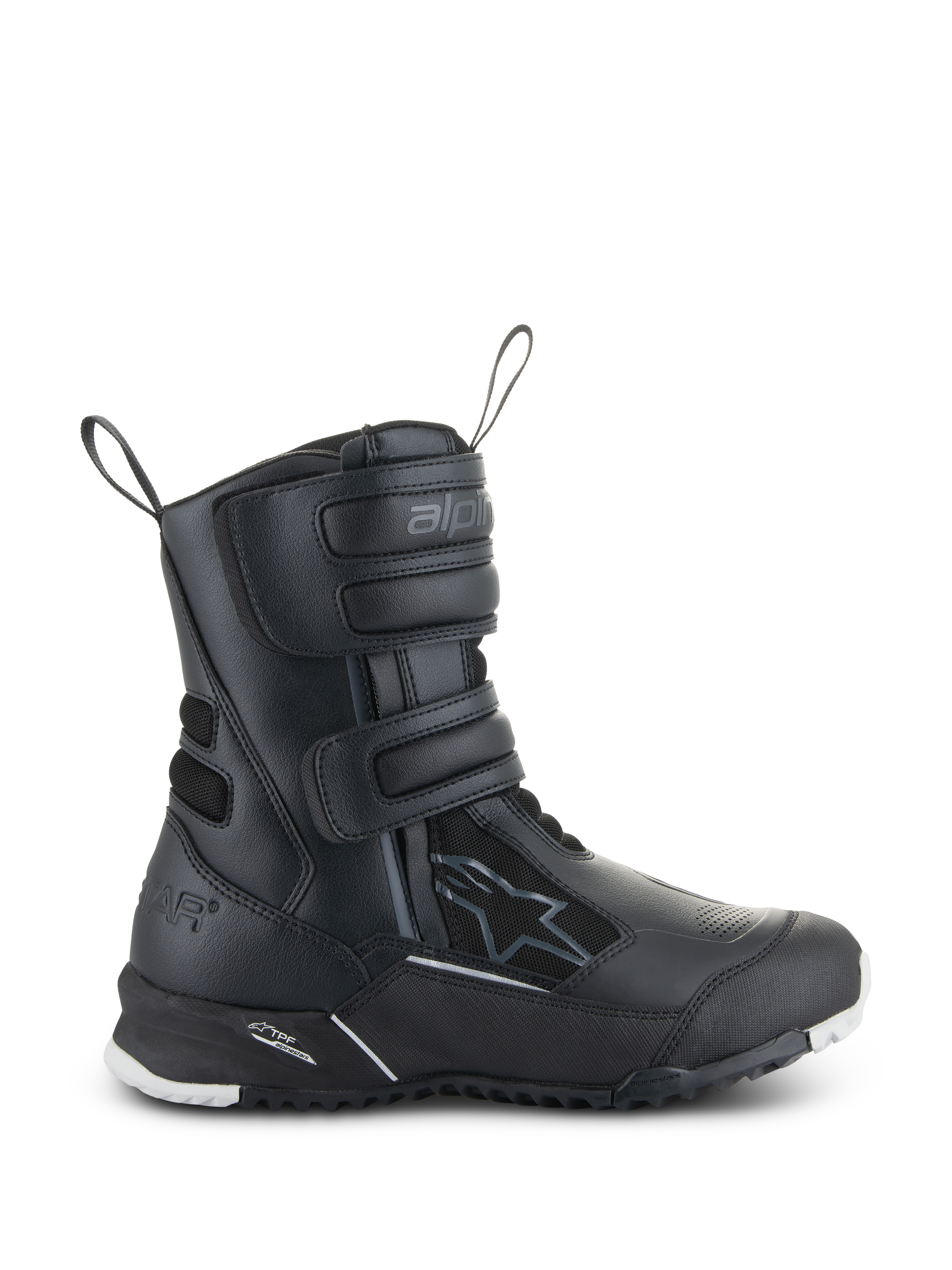Alpinestars Stella RT-7 Touring Drystar støvler til damer, sorte motorcykelstøvler til touring, sidevisning med tre velcroremme, vandtæt overdel i mikrofiber og tekstil, forstærket hæl med stjerne-logo og slidstærk grovmønstret sål med hvide detaljer