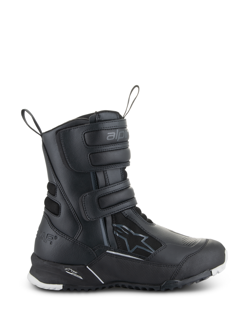 Alpinestars Stella RT-7 Touring Drystar støvler til damer, sorte motorcykelstøvler til touring, sidevisning med tre velcroremme, vandtæt overdel i mikrofiber og tekstil, forstærket hæl med stjerne-logo og slidstærk grovmønstret sål med hvide detaljer