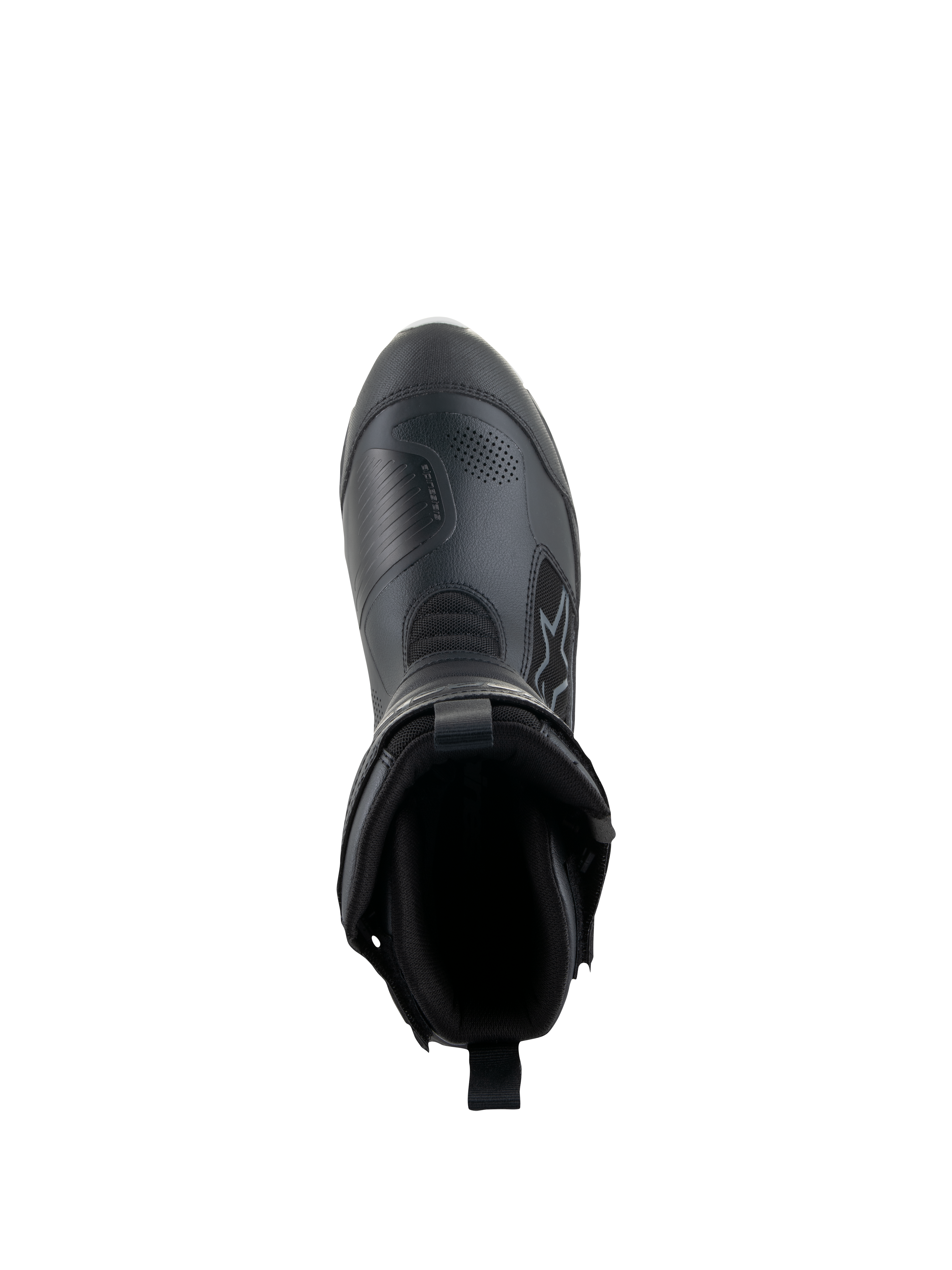 Alpinestars Stella RT-7 Touring Drystar® støvler til damer, sort, set fra oven, der viser støvleåbningen og den indvendige foring, avanceret mikrofiber- og tekstilkonstruktion til adventure touring