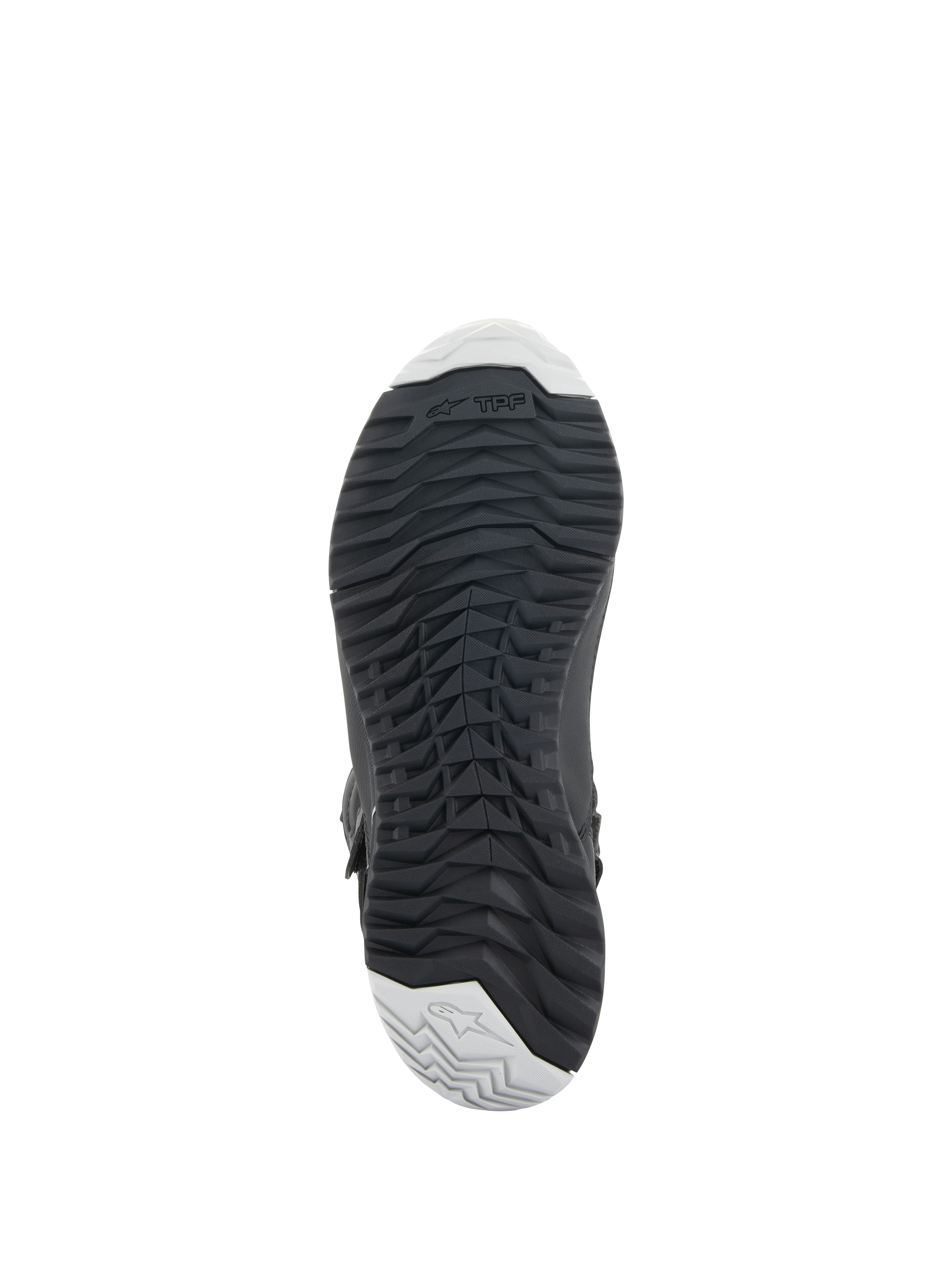 Alpinestars Stella RT-7 Touring Drystar® støvler til damer, sort, set nedefra med slidstærk gummiydersål, groft mønster for greb, TPF (Transversal Protection Frame) branding, lysegrå detaljer ved tå og hæl.