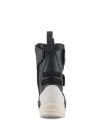 Alpinestars Women Stella RT-7 Touring Drystar® Boots, Rear View, Black and White, featuring a white reinforced heel counter with Drystar branding, a rear pull tab, and textile accordion panels for flexibility.