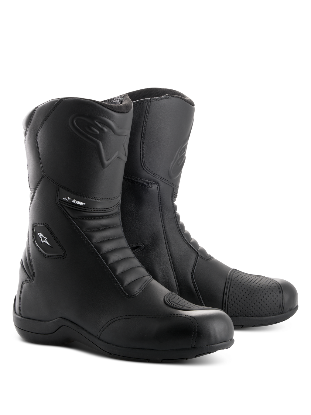 Alpinestars Andes V2 Drystar-støvler, sorte motorcykel-touringstøvler, vandtæt læderkonstruktion med harmonika-flexpaneler foran og bagpå, sideåbning med lynlås og flaplukning, med præget Alpinestars-logo og Drystar-branding, slidstærkt fodtøj til vej- og adventure-kørsel.