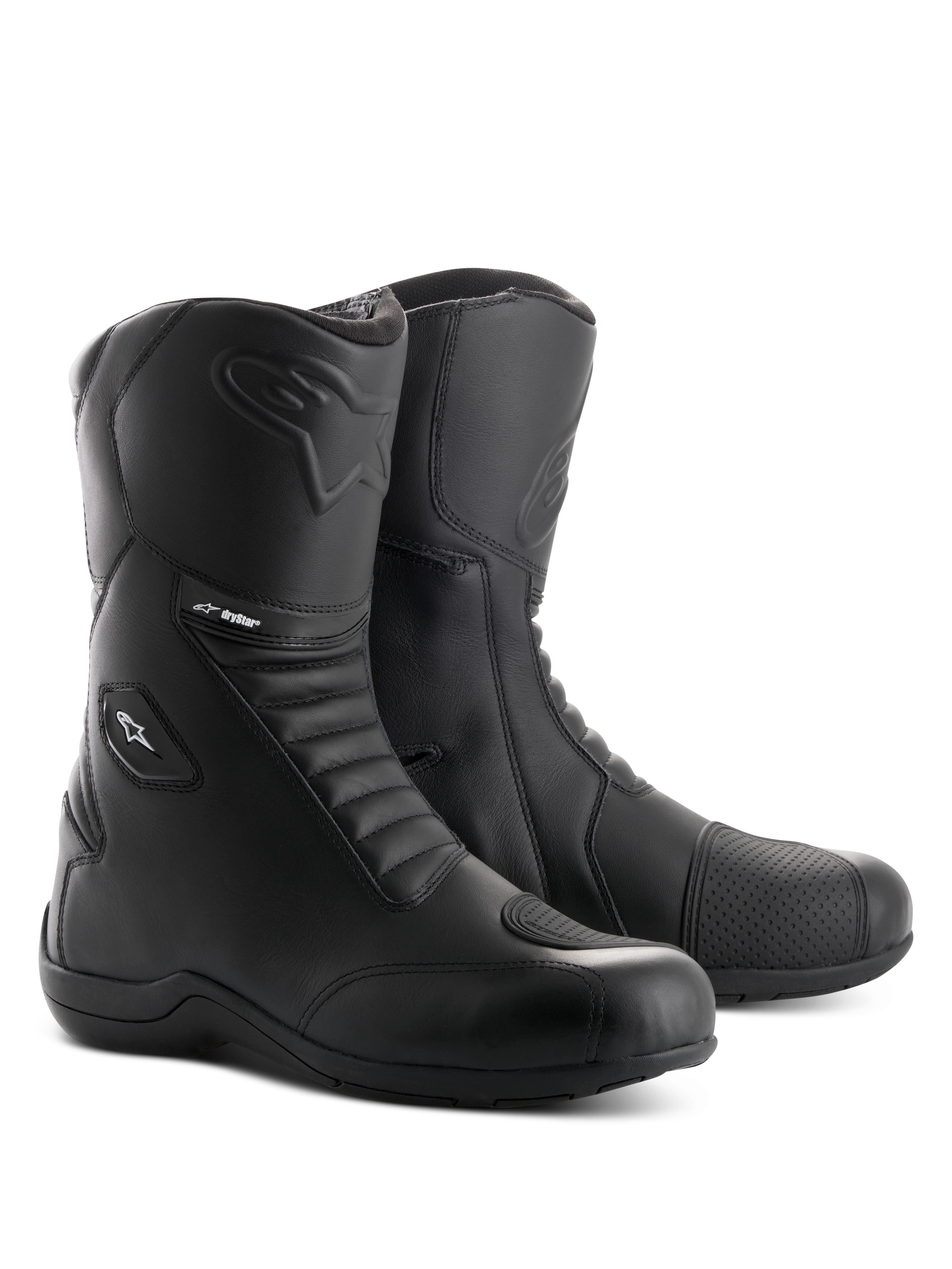 Alpinestars Andes V2 Drystar-støvler, sorte motorcykel-touringstøvler, vandtæt læderkonstruktion med harmonika-flexpaneler foran og bagpå, sideåbning med lynlås og flaplukning, med præget Alpinestars-logo og Drystar-branding, slidstærkt fodtøj til vej- og adventure-kørsel.