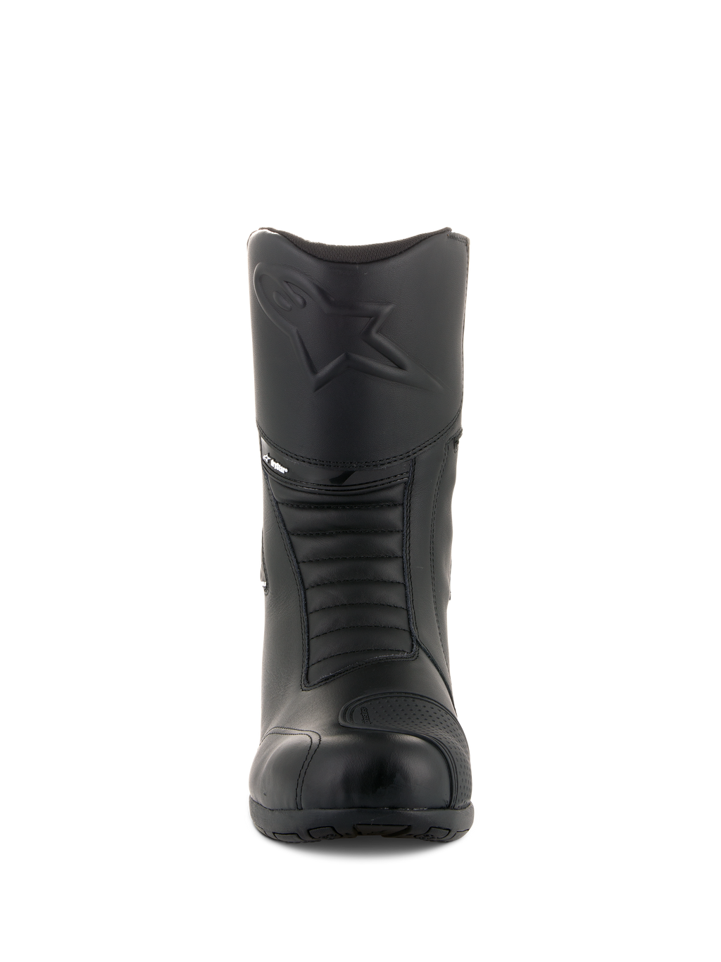Alpinestars Andes V2 Drystar® støvler, sorte touring-motorcykelstøvler, set forfra med præget Alpinestars-logo på skinnebenet, harmonika-flekszoner for bevægelighed, læderkonstruktion med tekstureret gearskiftepude