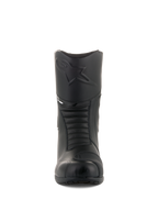 Alpinestars Andes V2 Drystar® støvler, sorte touring-motorcykelstøvler, set forfra med præget Alpinestars-logo på skinnebenet, harmonika-flekszoner for bevægelighed, læderkonstruktion med tekstureret gearskiftepude