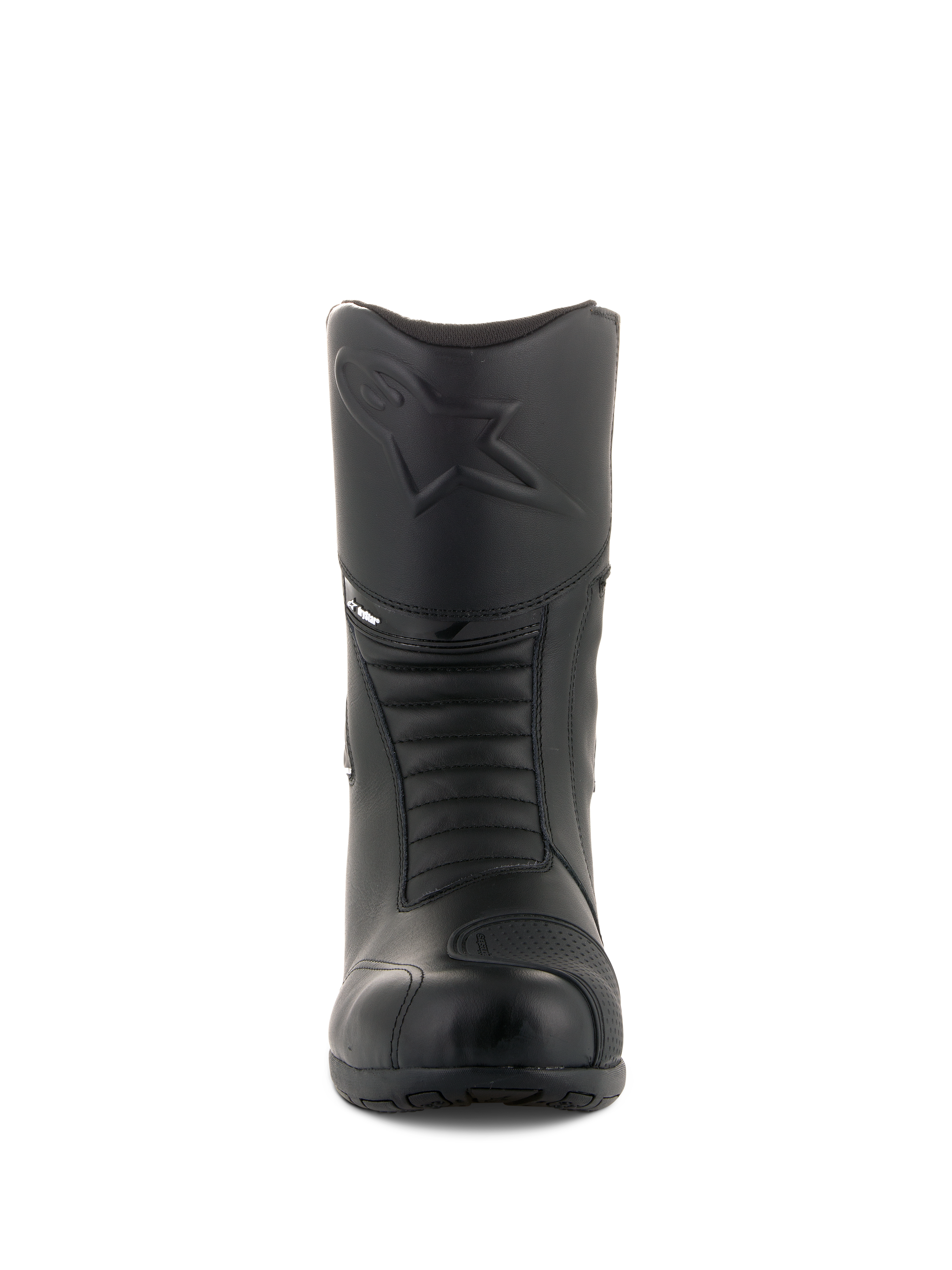 Alpinestars Andes V2 Drystar® støvler, sorte touring-motorcykelstøvler, set forfra med præget Alpinestars-logo på skinnebenet, harmonika-flekszoner for bevægelighed, læderkonstruktion med tekstureret gearskiftepude