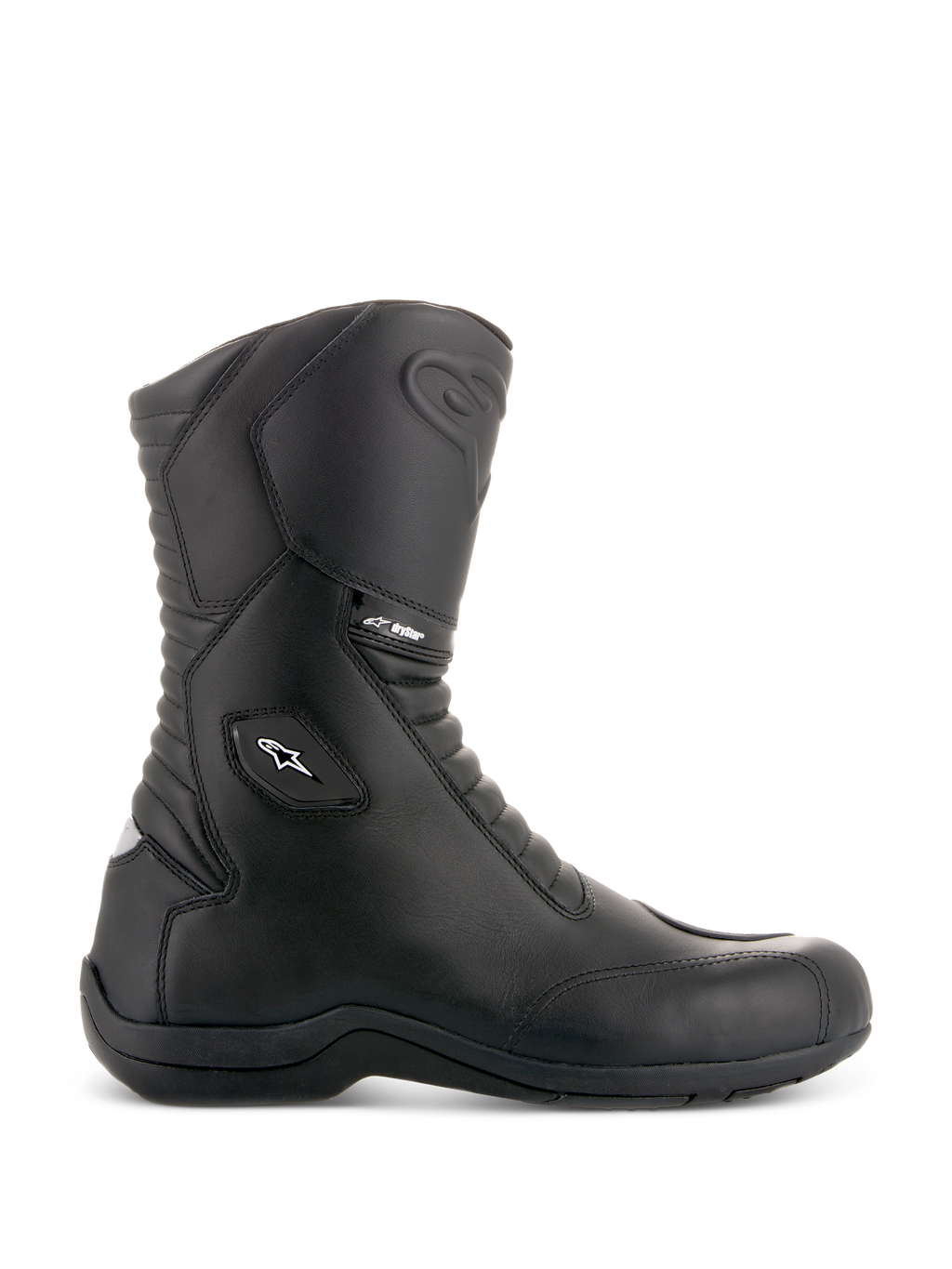 Alpinestars Andes V2 Drystar støvler, sorte motorcykelstøvler til touring, design med højt skaft, vandtæt læderkonstruktion, harmonika-flexpaneler foran og bagpå, hvidt stjerne-logo og Drystar-branding, robust sort sål, beskyttende forstærket ankel og tå